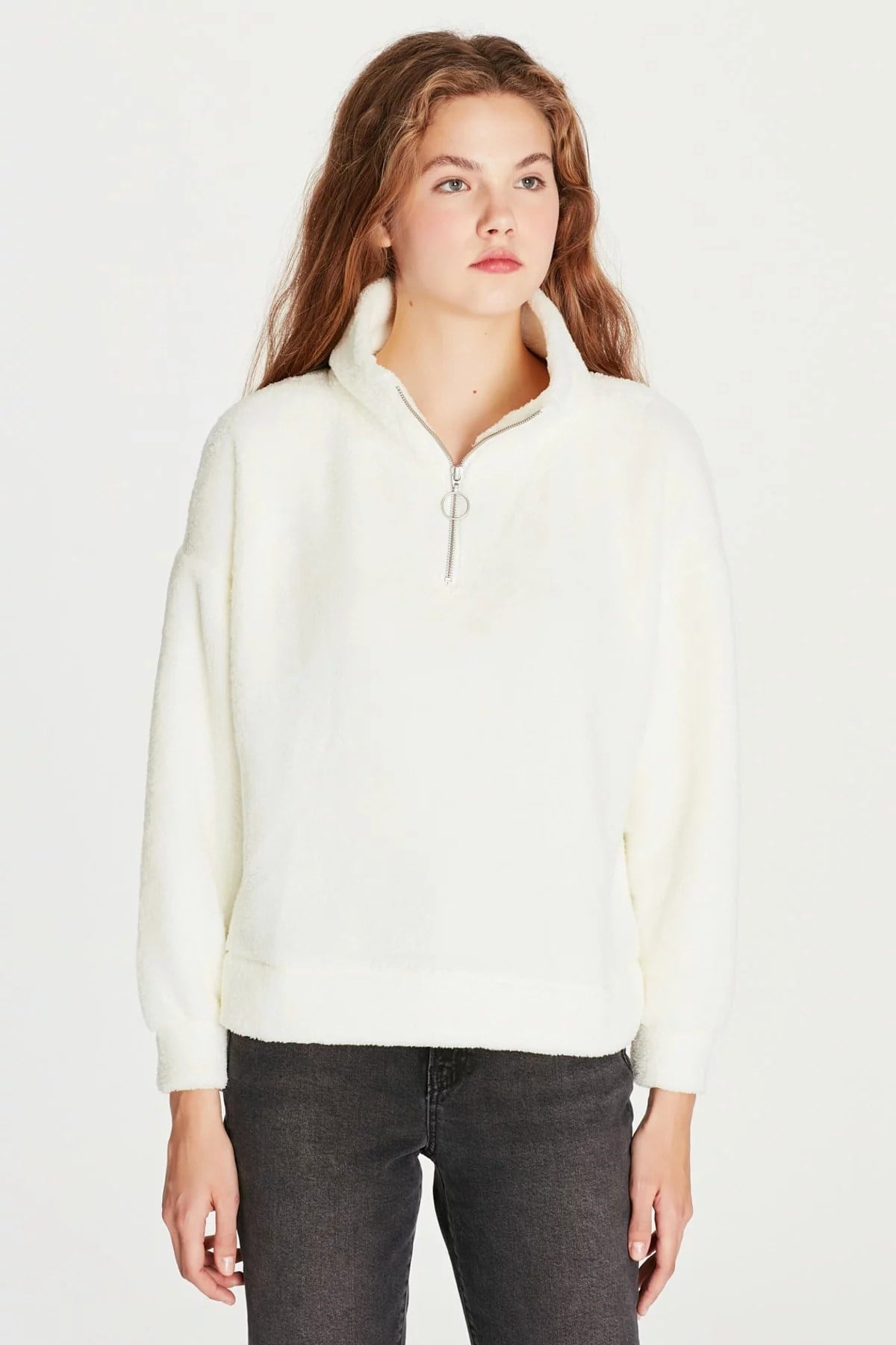 168329-28945Mavi Fermuarlı Sweatshirt Kırık Beyaz