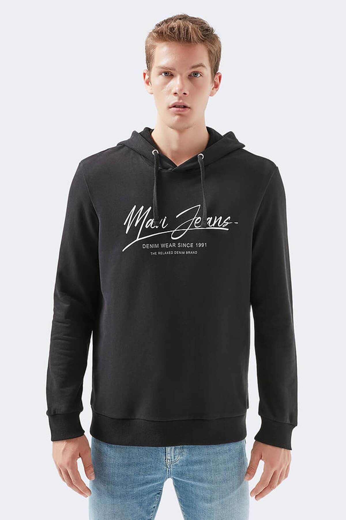 066522-900Mavi Jeans Baskılı Kapşonlu Siyah Erkek Sweatshirt