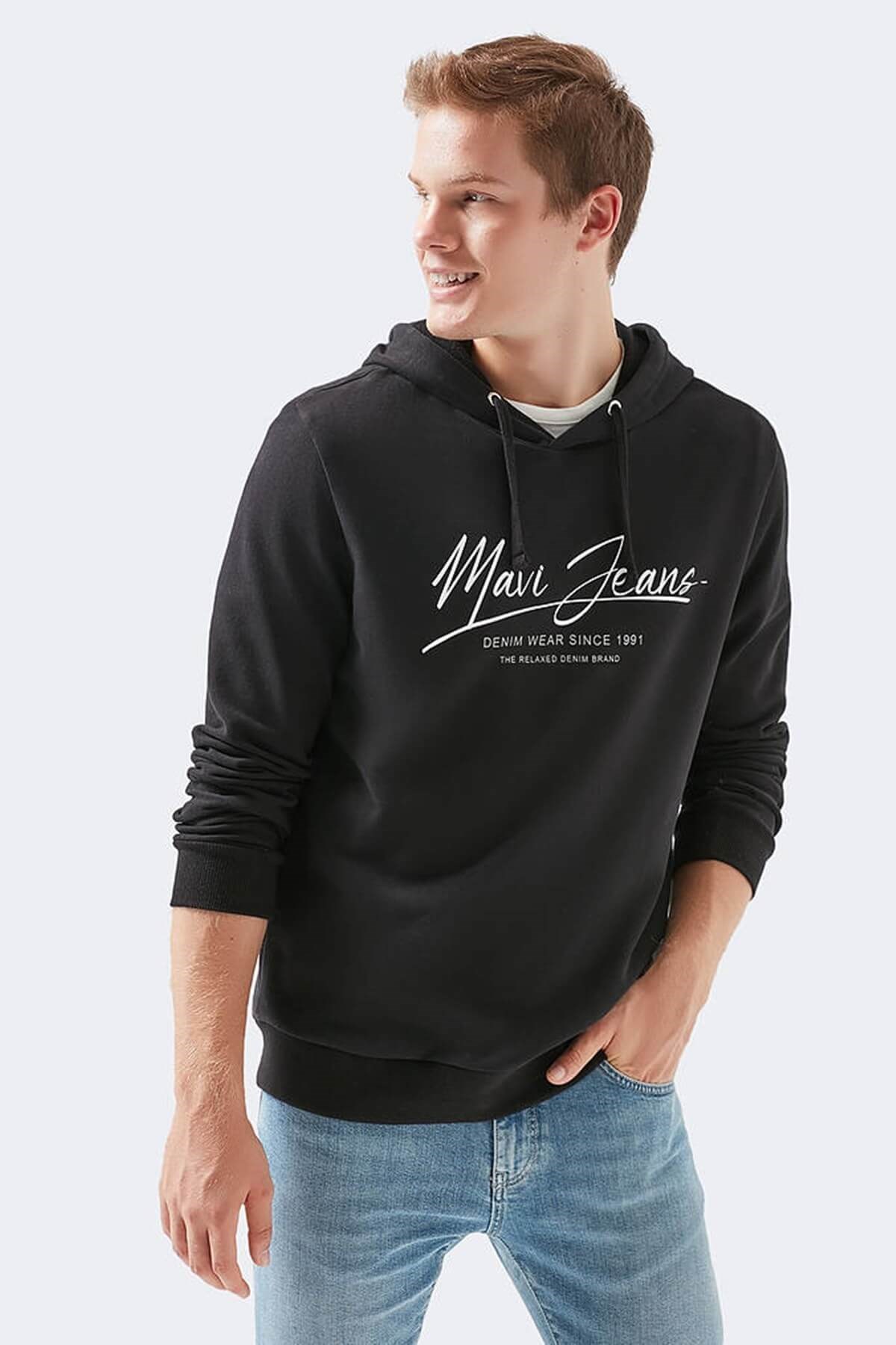 066522-900Mavi Jeans Baskılı Kapşonlu Siyah Erkek Sweatshirt