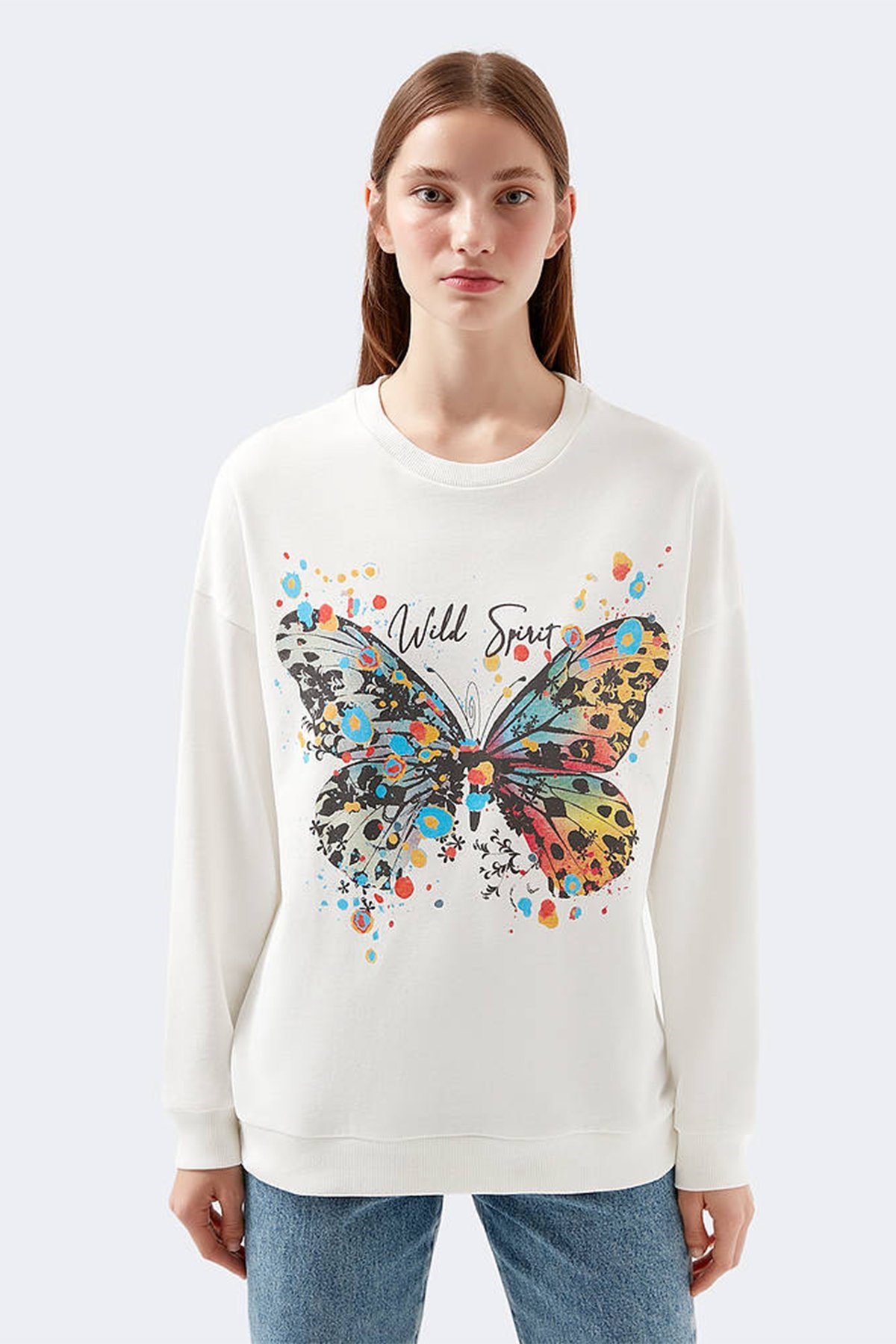1600412-32158Mavi Kadın Kelebek Sweatshirt Kırık Beyaz