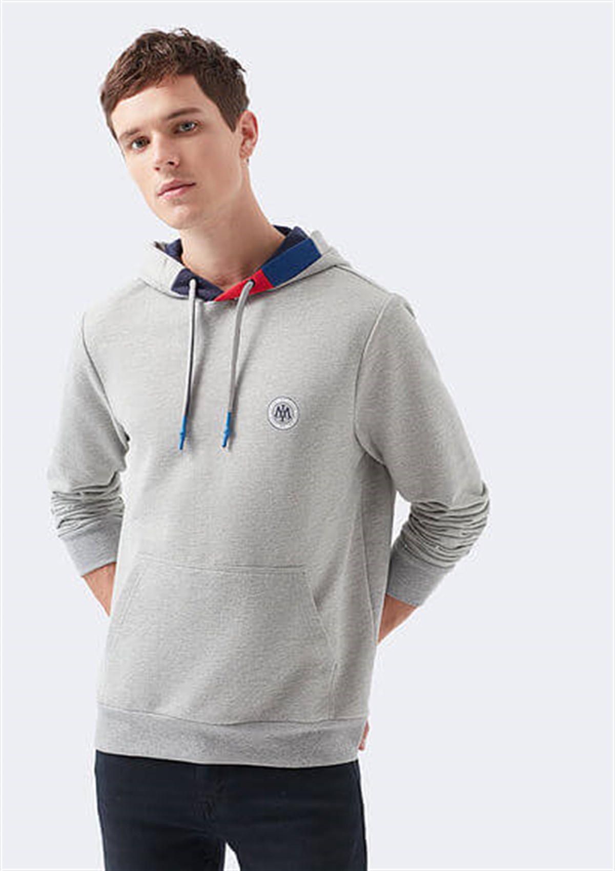 066307-32175Mavi Kapişonlu Erkek Sweatshirt Gri Melanj