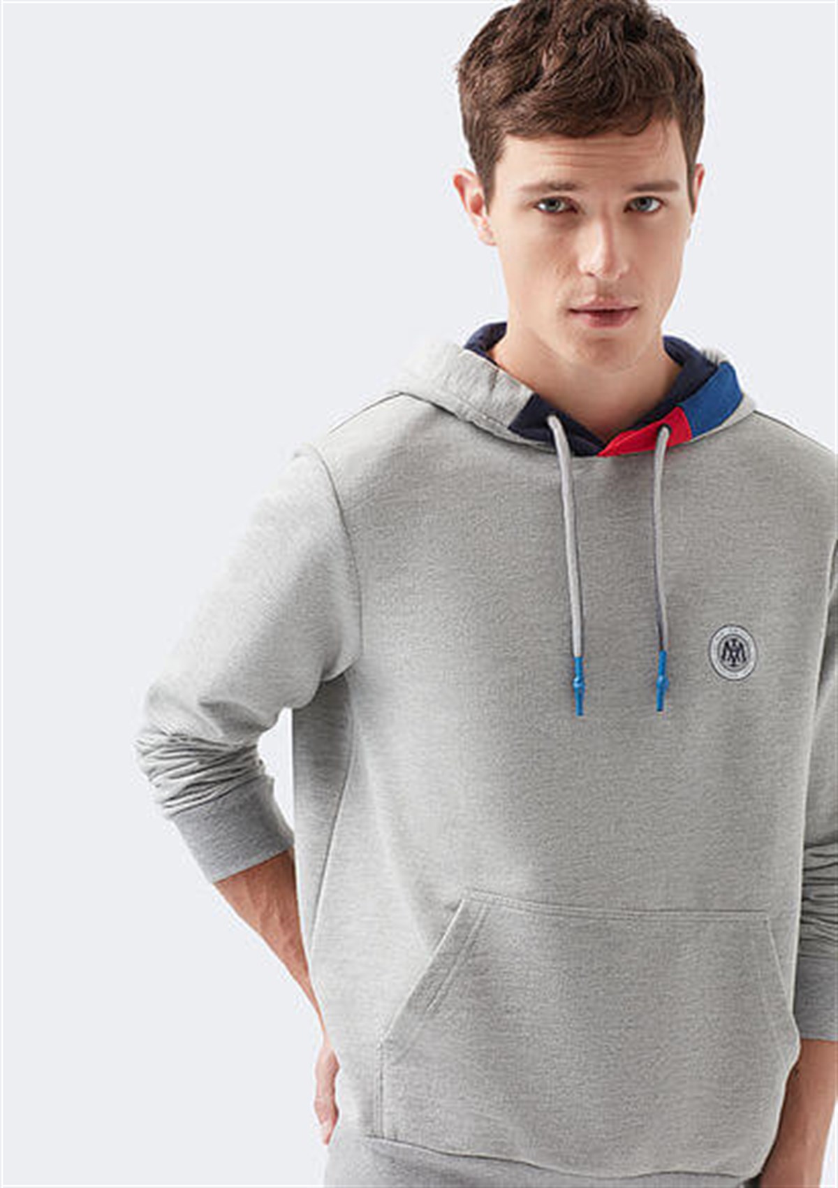 066307-32175Mavi Kapişonlu Erkek Sweatshirt Gri Melanj