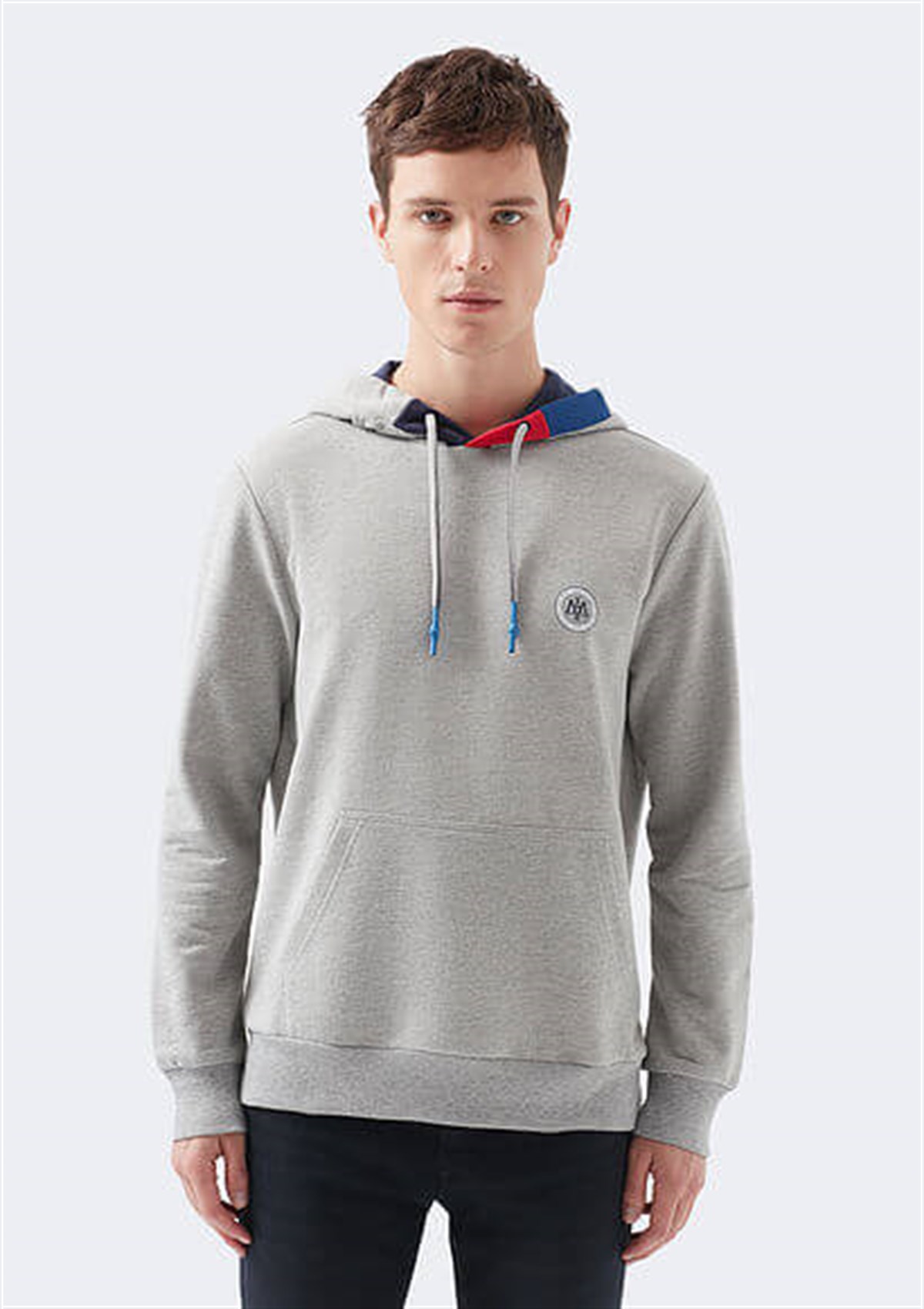 066307-32175Mavi Kapişonlu Erkek Sweatshirt Gri Melanj