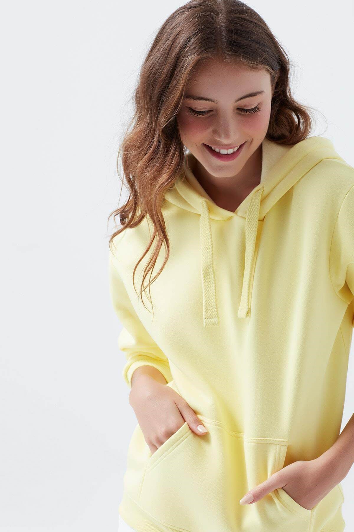 167299-32438Mavi Kapişonlu Kadin Sweatshirt  Açık Sarı