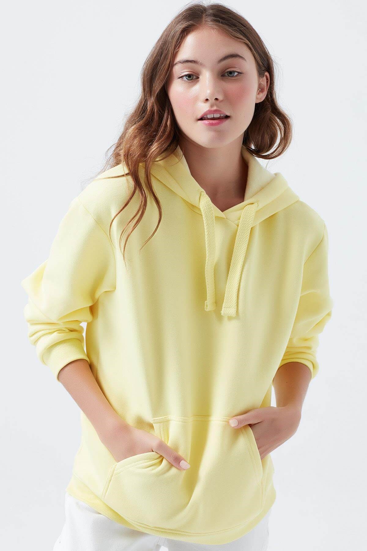 167299-32438Mavi Kapişonlu Kadin Sweatshirt  Açık Sarı