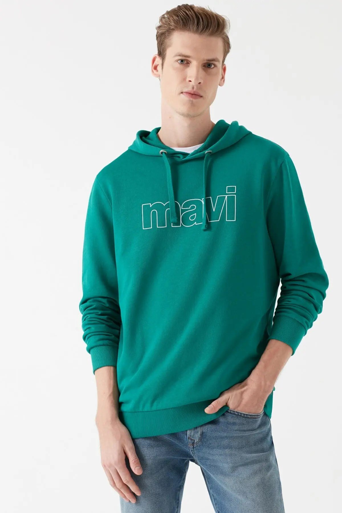 065606-32449Mavi Logo Kapişonlu Erkek Sweatshirt Porselen Yeşili
