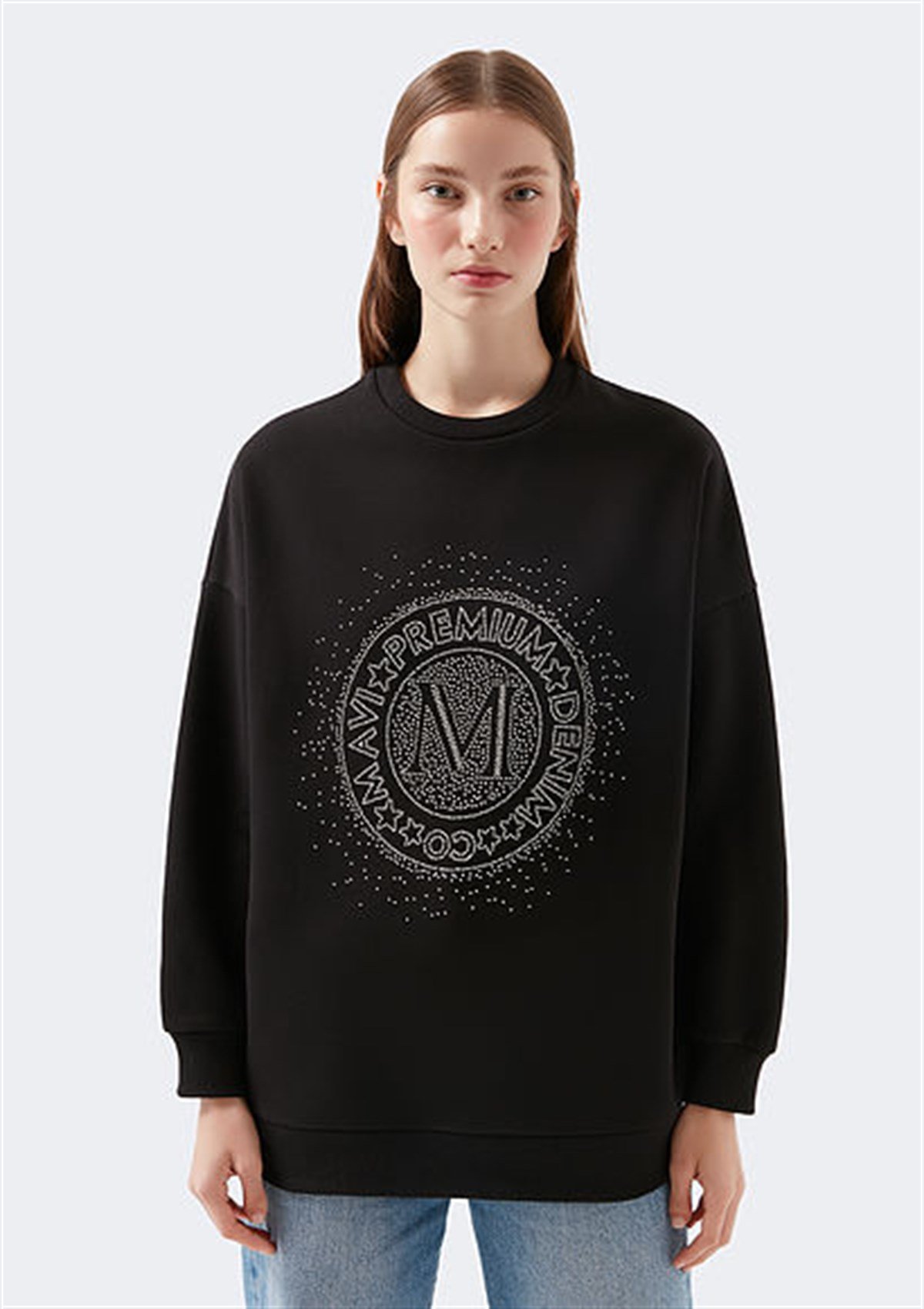 1600367-900Mavi M Baskılı Siyah Kadın Sweatshirt