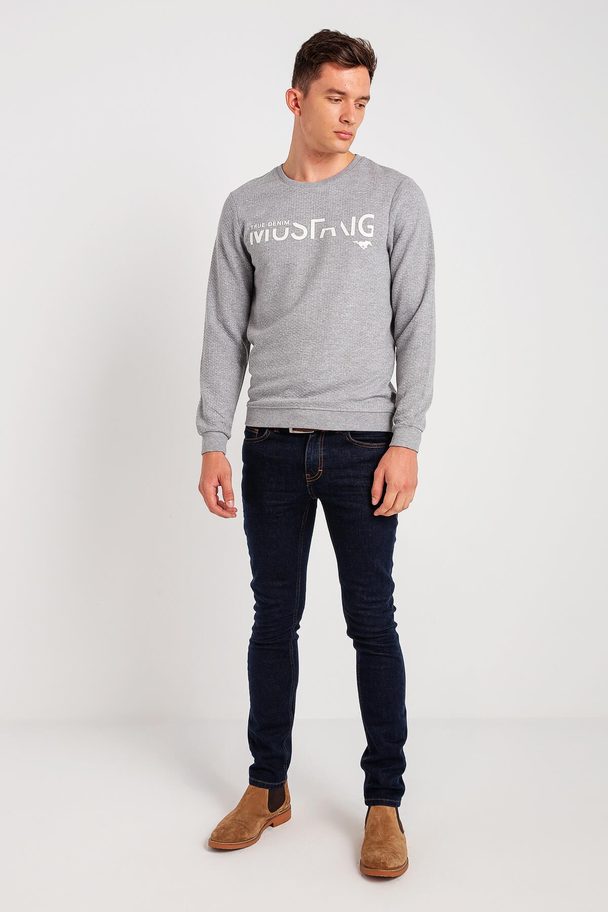 04-M00105-160NEBIMV3NEBIMV3|04-M00105-160|E88MUSTANG ERKEK KABARTMA BASKILI SWEATSHIRT-Açık Gri