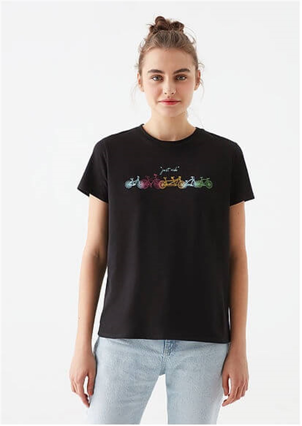 1600559-900Mavi Bisiklet Baskılı  Siyah Kadın T-Shirt