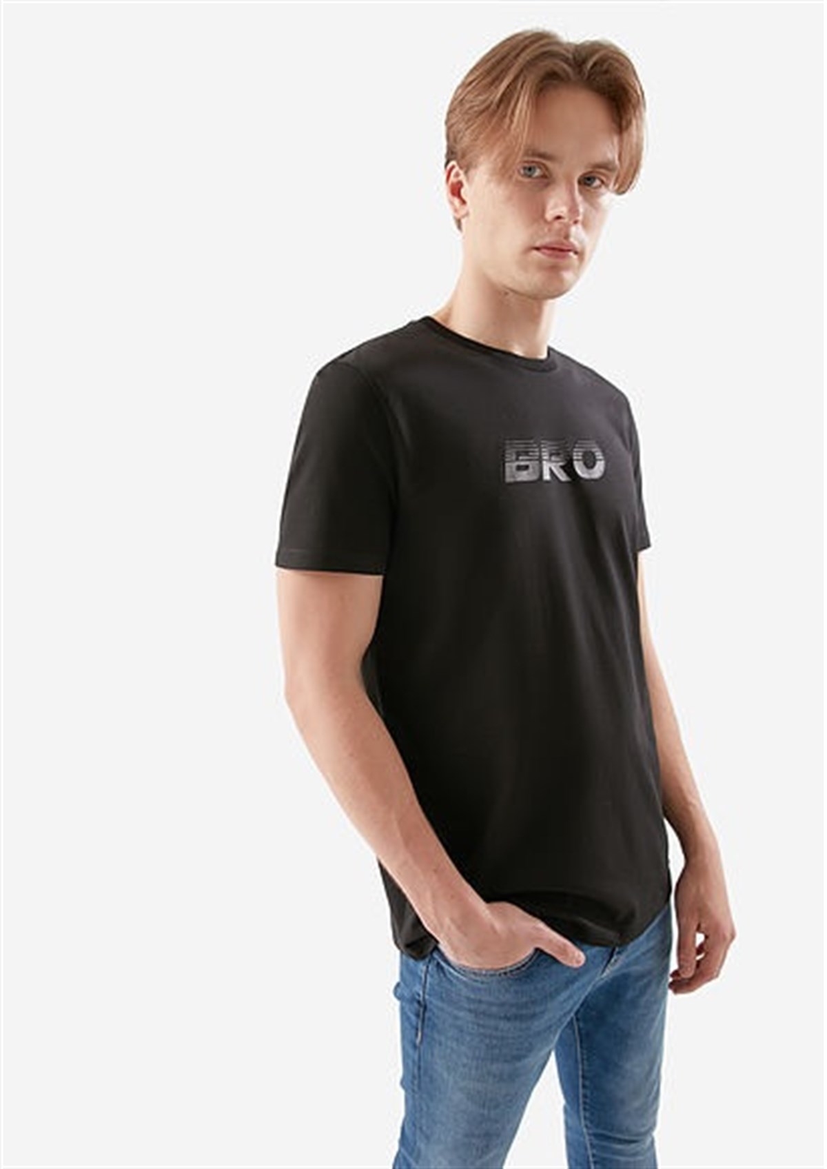 066444-900Mavi Bro Baskılı Siyah Erkek Tişört