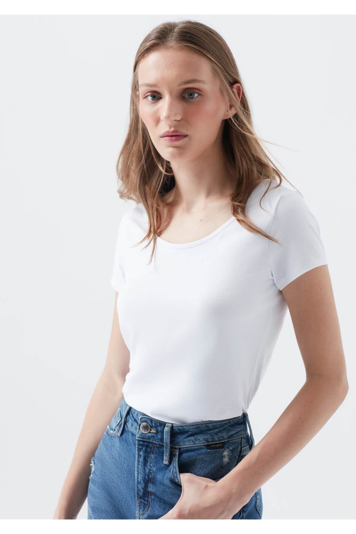 168019-620Mavi Geniş Yaka Stretch  Beyaz Kadın T-Shirt