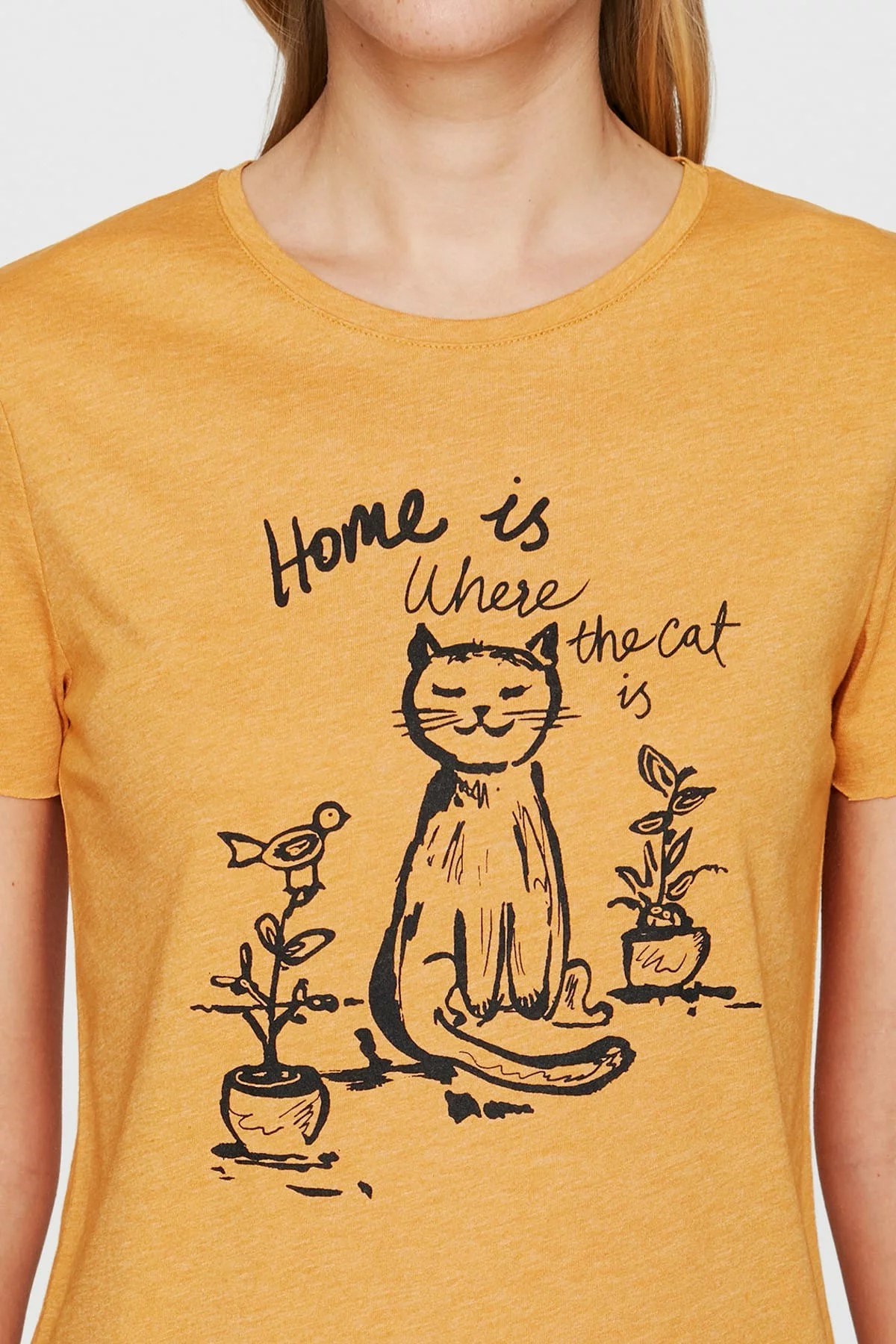 167727-28318Mavi Home is Where The Cat is Baskılı Penye Altın Sarı
