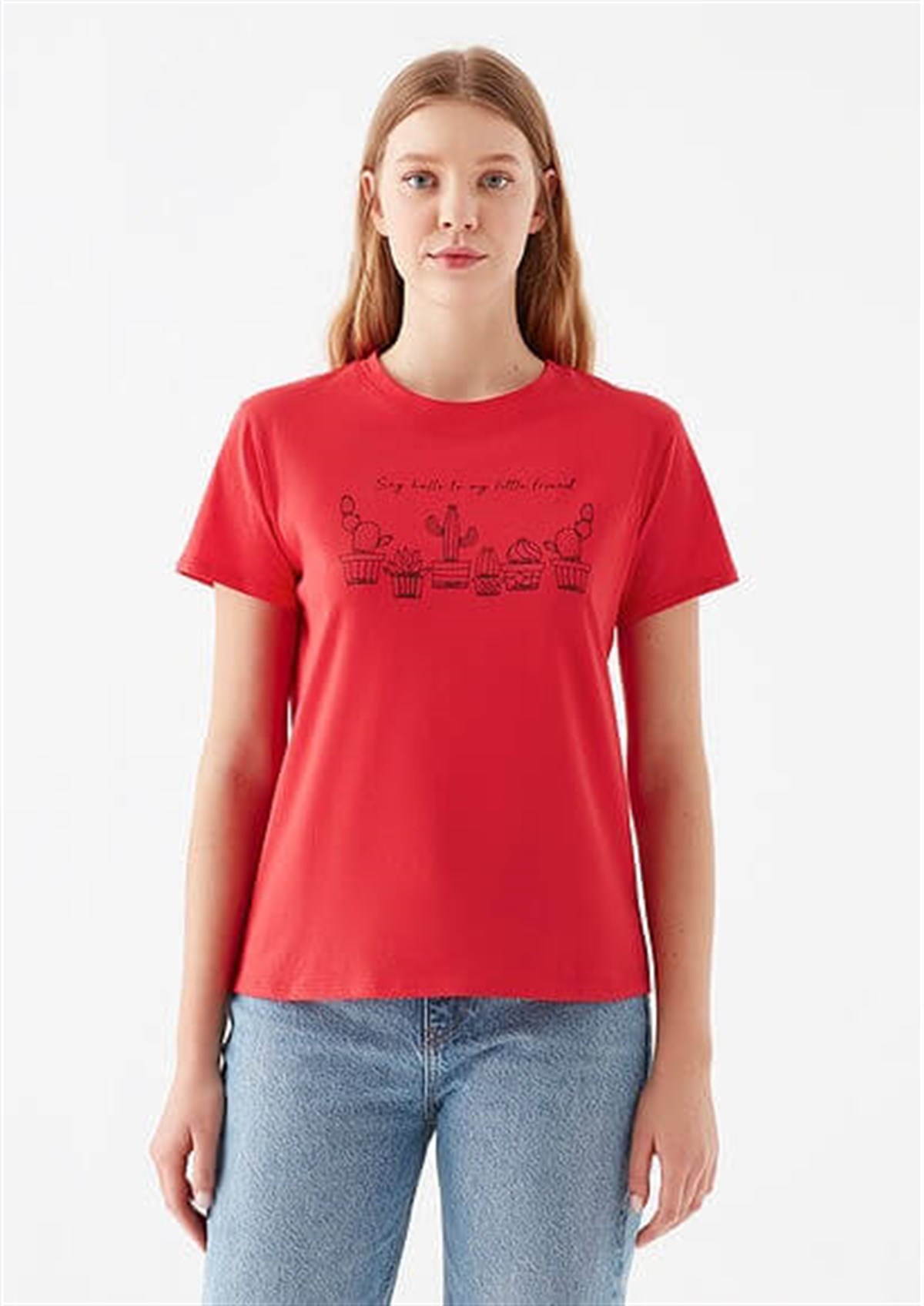 1600555-33099Mavi Kaktus Baskılı  Çin Kırmızısı Kadın T-Shirt