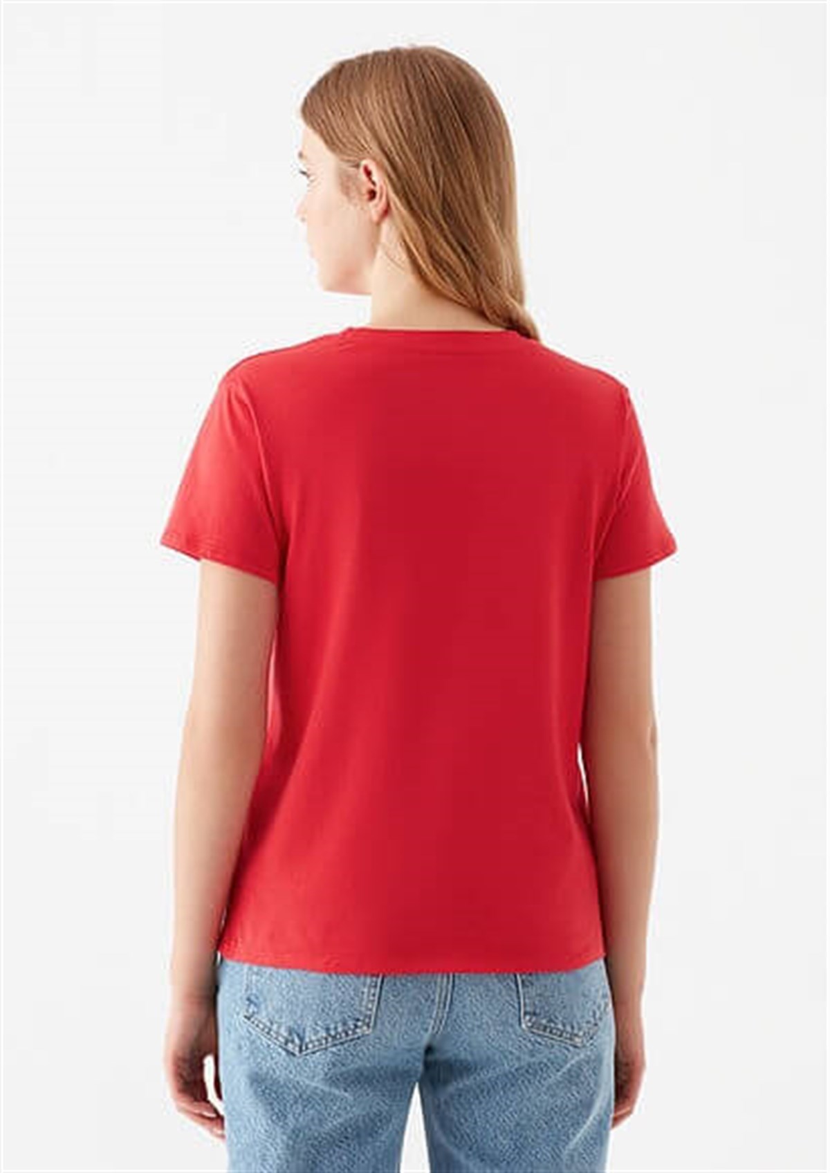 1600555-33099Mavi Kaktus Baskılı  Çin Kırmızısı Kadın T-Shirt