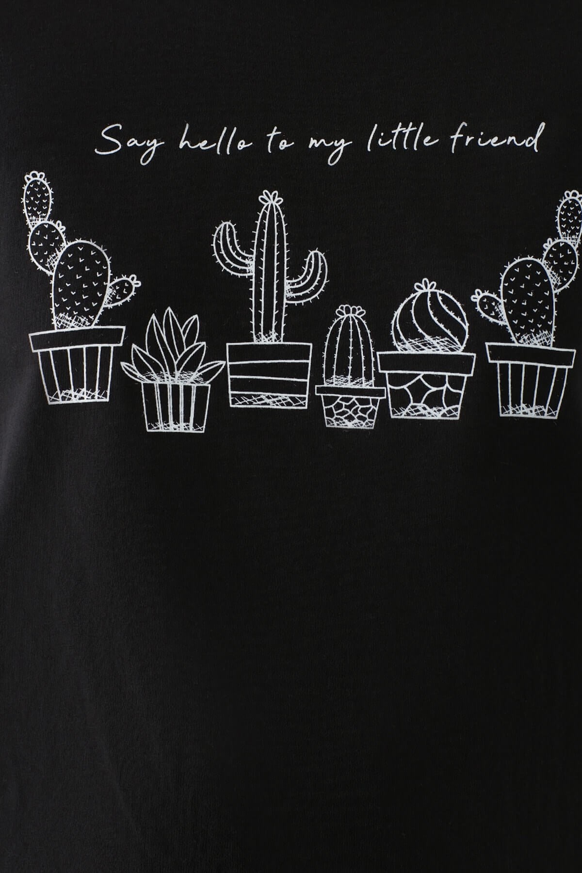 1600555-900Mavi Kaktus Baskılı  Siyah Kadın T-Shirt