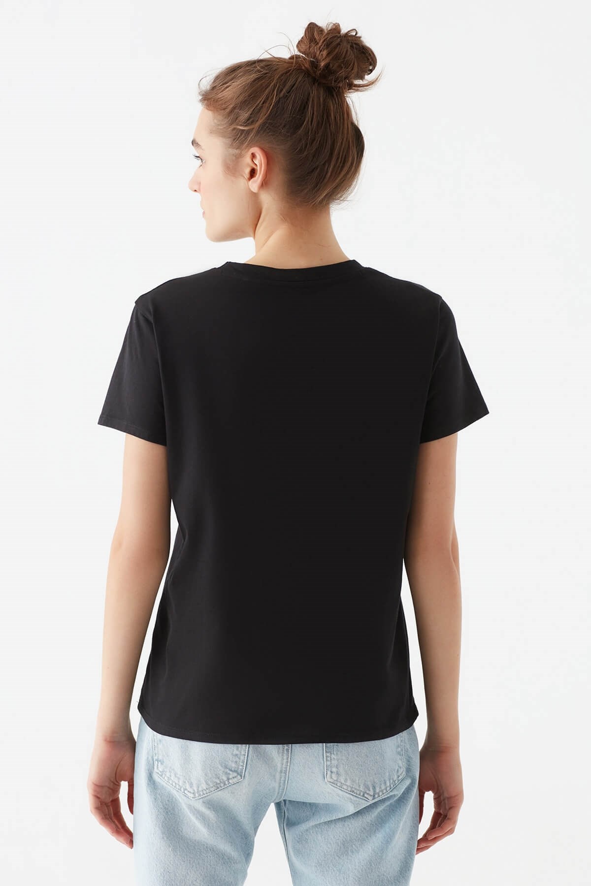 1600555-900Mavi Kaktus Baskılı  Siyah Kadın T-Shirt