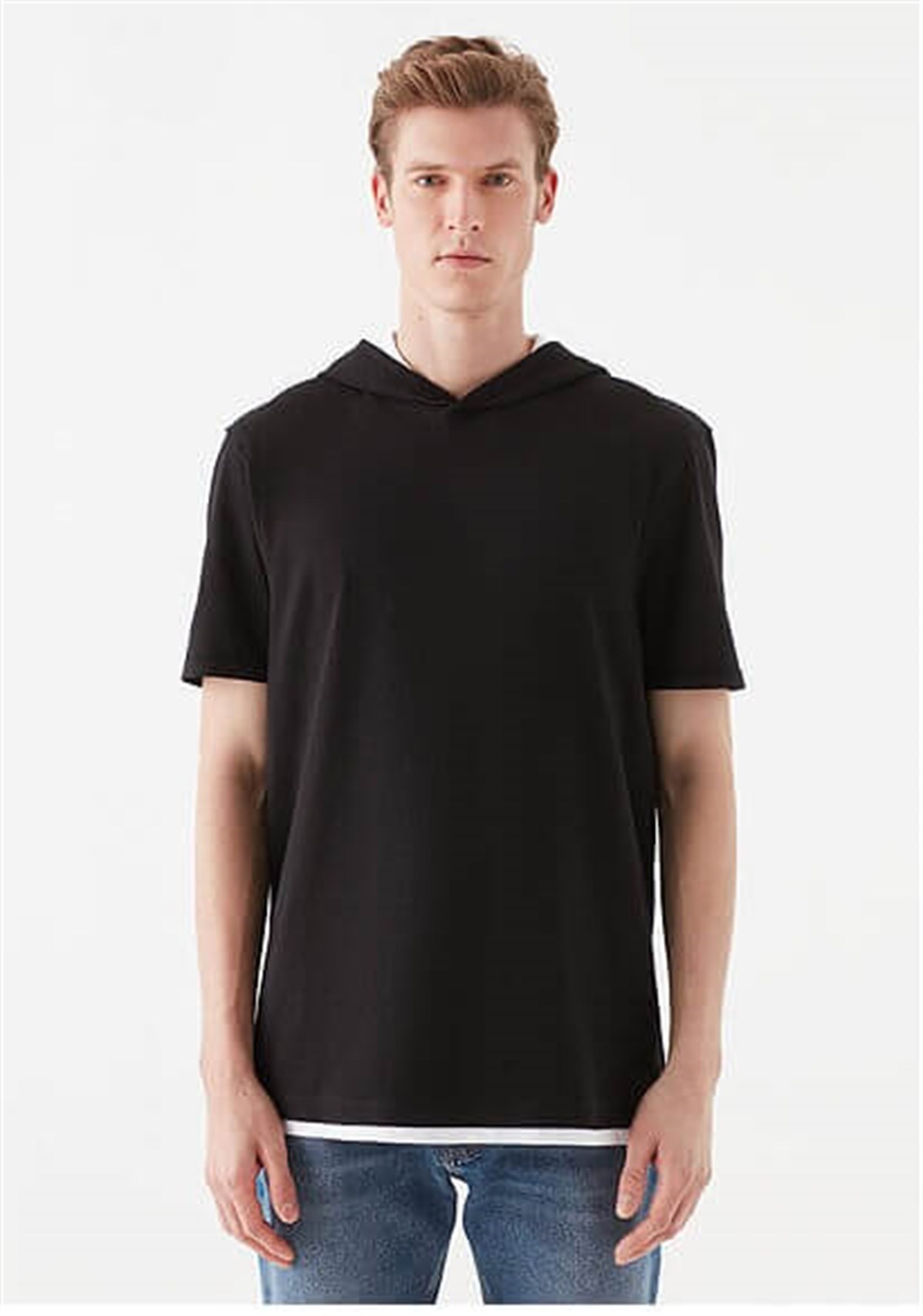 066624-900Mavi Kapüşonlu  Siyah Erkek T-Shirt