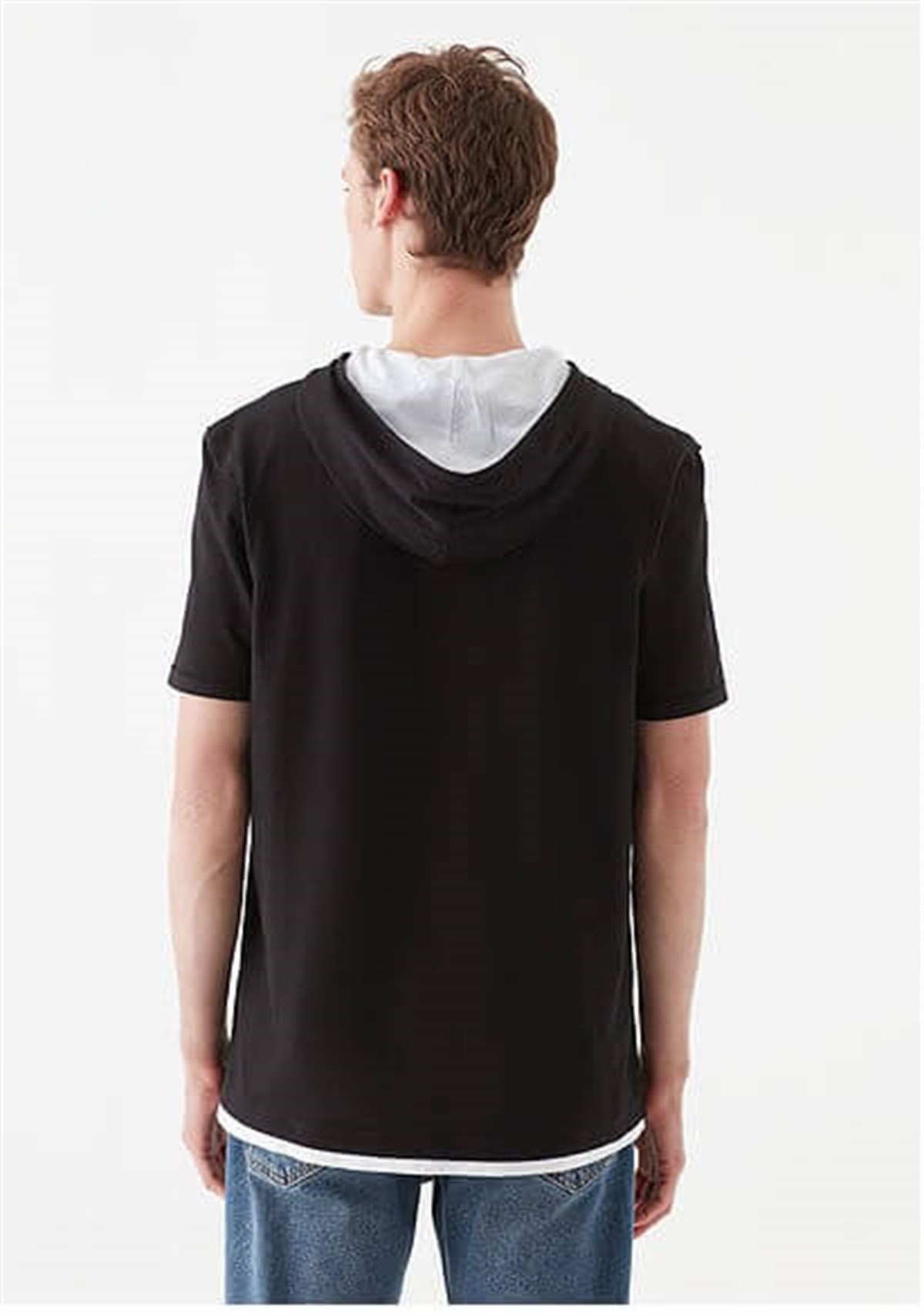 066624-900Mavi Kapüşonlu  Siyah Erkek T-Shirt