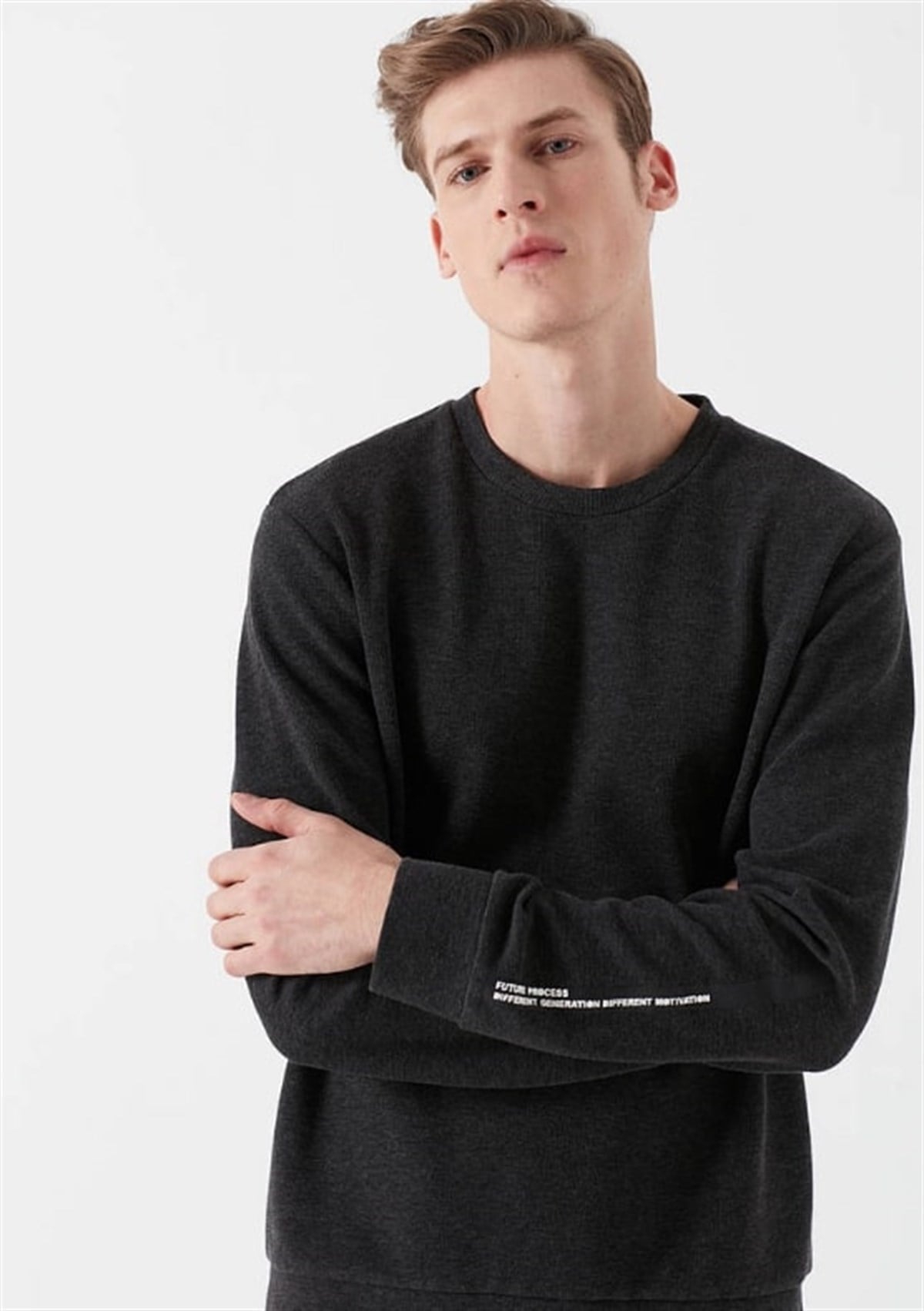 065963-30832MAVİ KOLU BASKILI SWEATSHIRT antrasit melanj ERKEK T-SHIRT 065963-30832