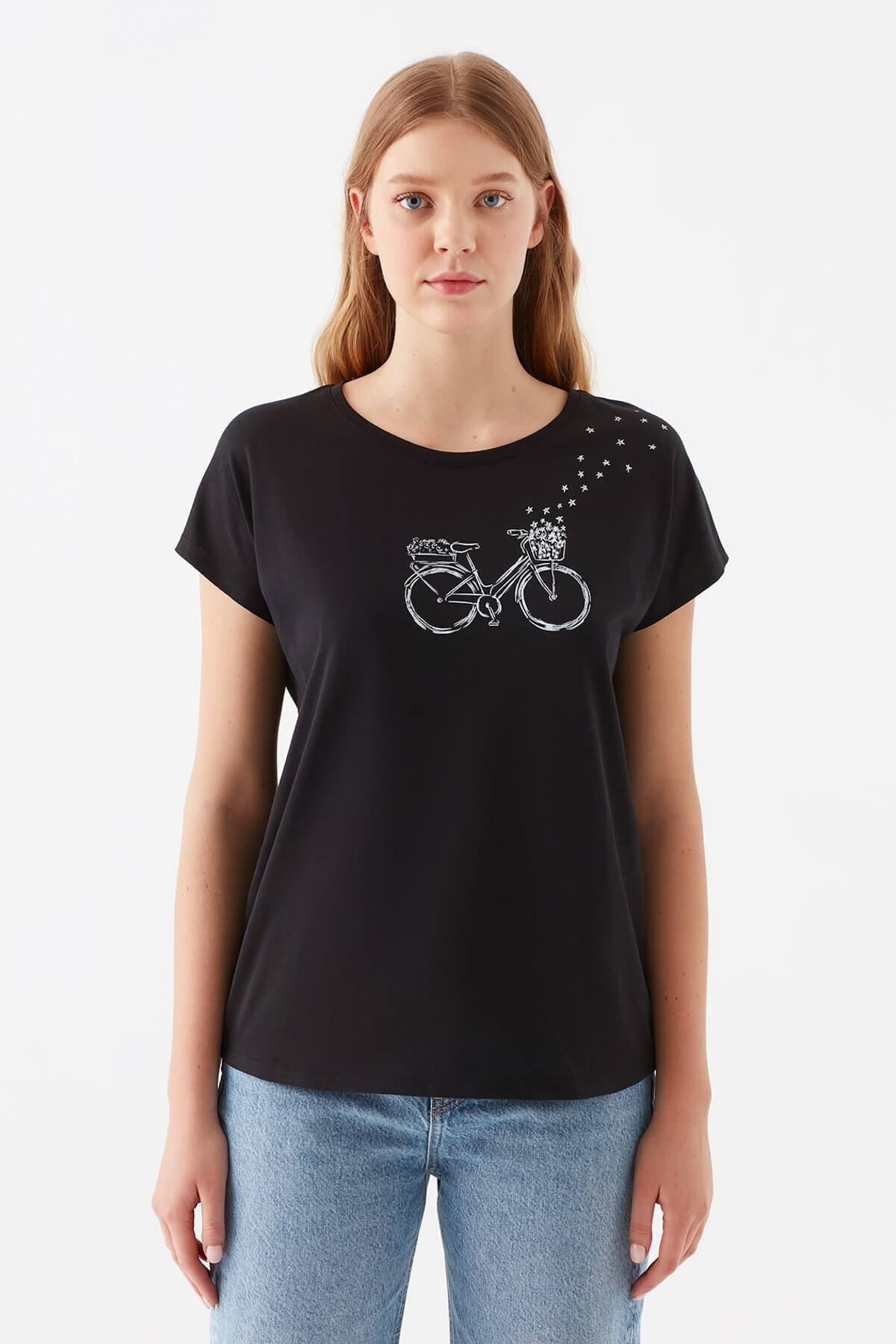 1600560-900Mavi Loud Baskılı  Siyah Kadın T-Shirt