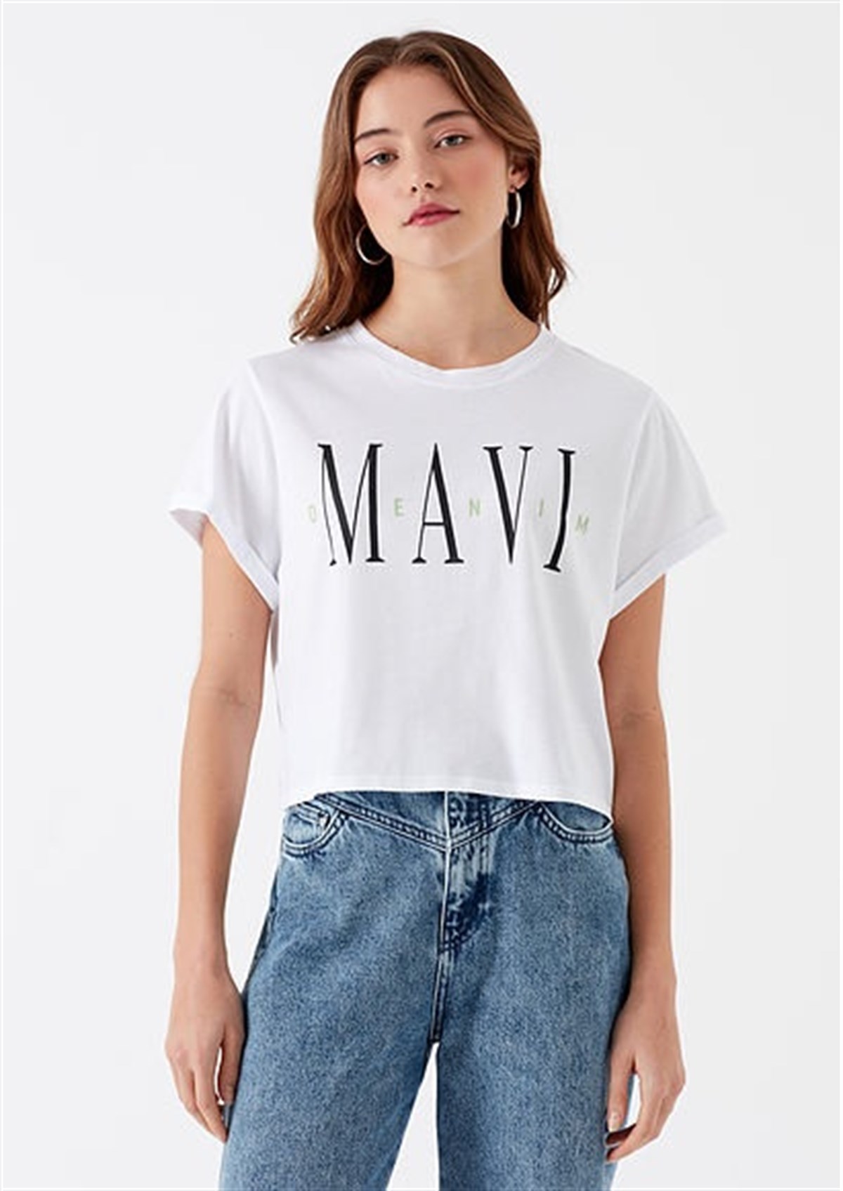 168458-620Mavi Mavi Baskılı Penye Beyaz Kadın Tişört