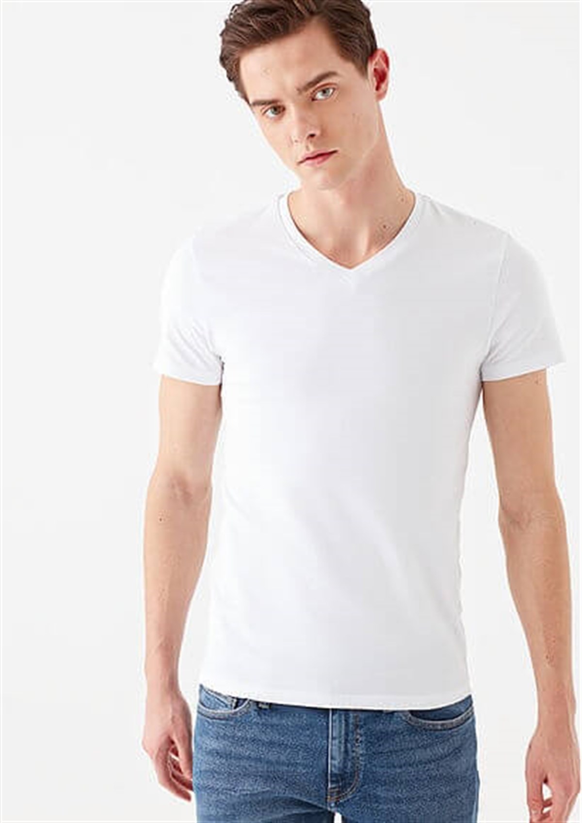 061748-620Mavi Stretch V Yaka Erkek T-shirt  Beyaz