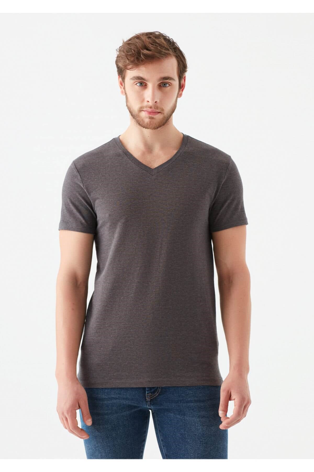 061748-24398Mavi Stretch V Yaka Koyu Gri Melanj Erkek T-shirt