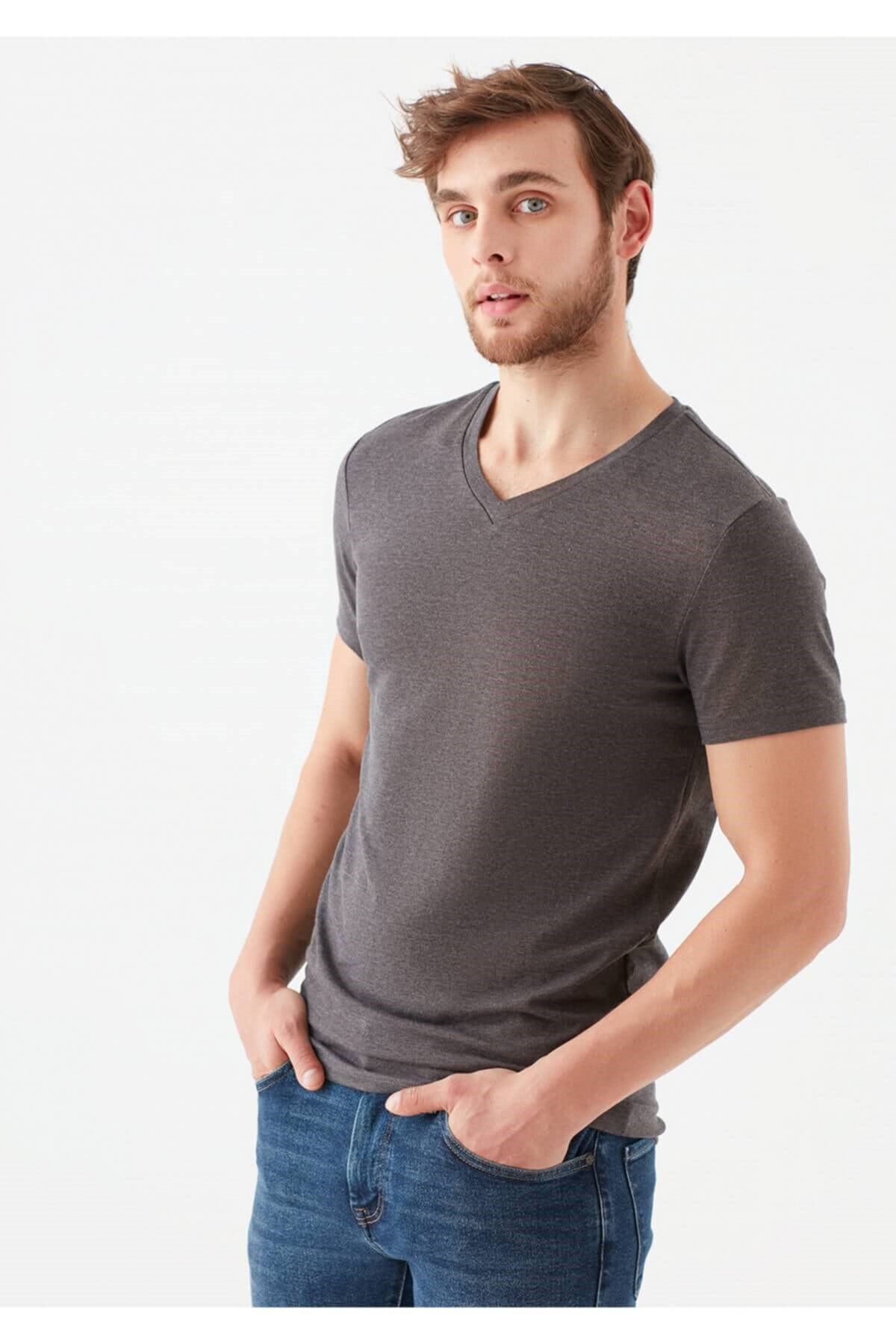 061748-24398Mavi Stretch V Yaka Koyu Gri Melanj Erkek T-shirt