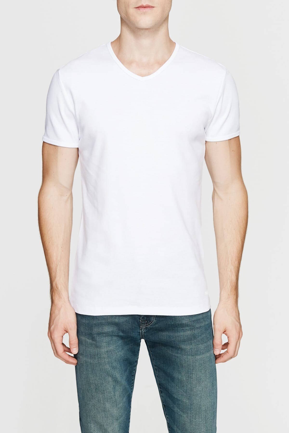 063748-620Mavi V Yaka Tisört Beyaz 063748-620