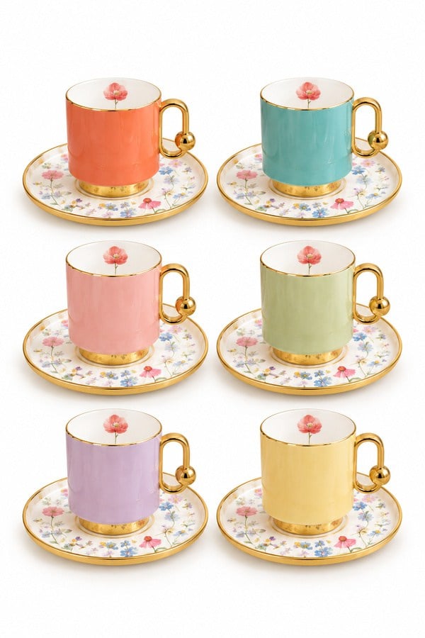 Balsa kahve Fincan Takımı Çiçek Mix Pastel 12 Parça - BLS-POR-1203