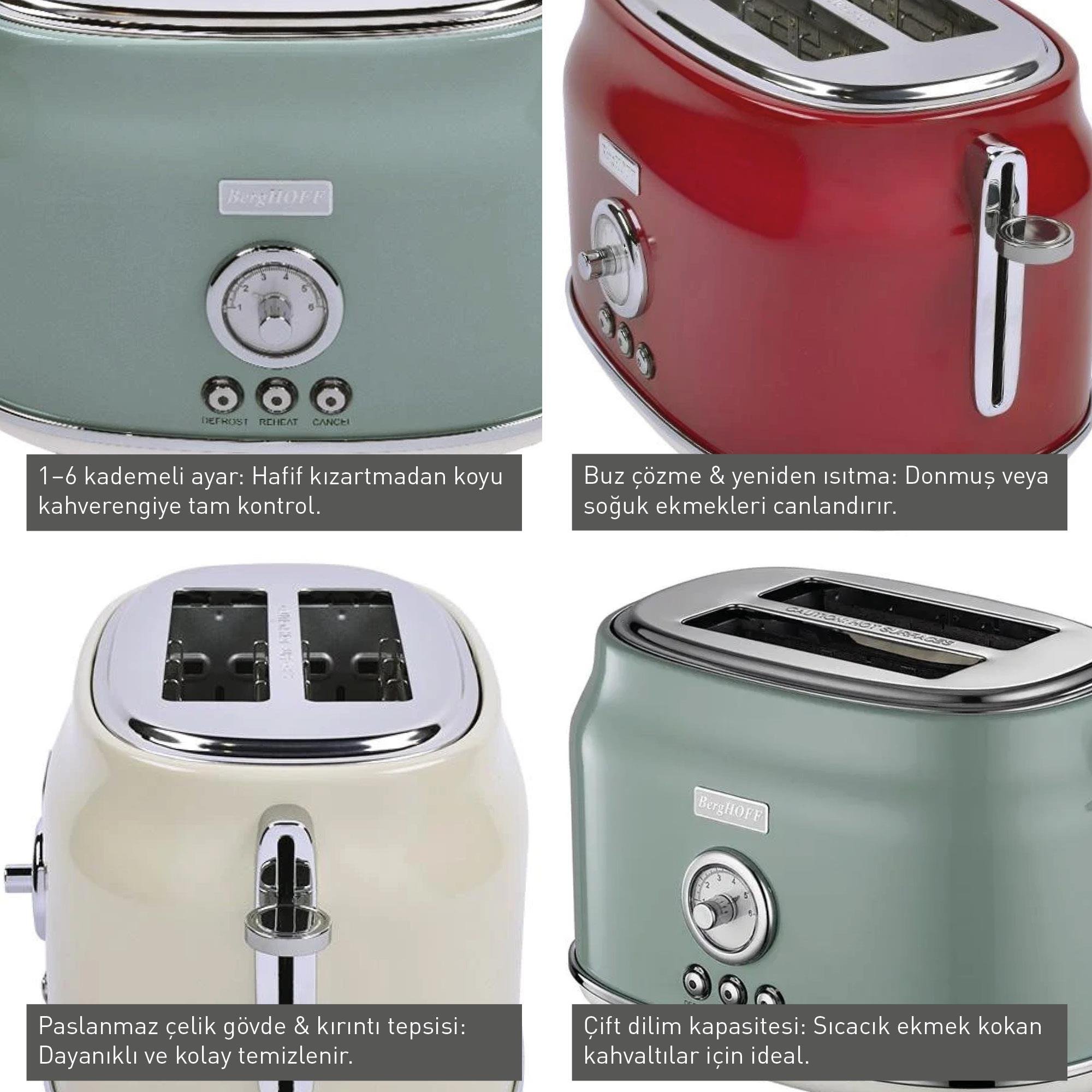Berghoff Gem Retro Kırmızı İki Dilim Ekmek Kızartma Makinesi