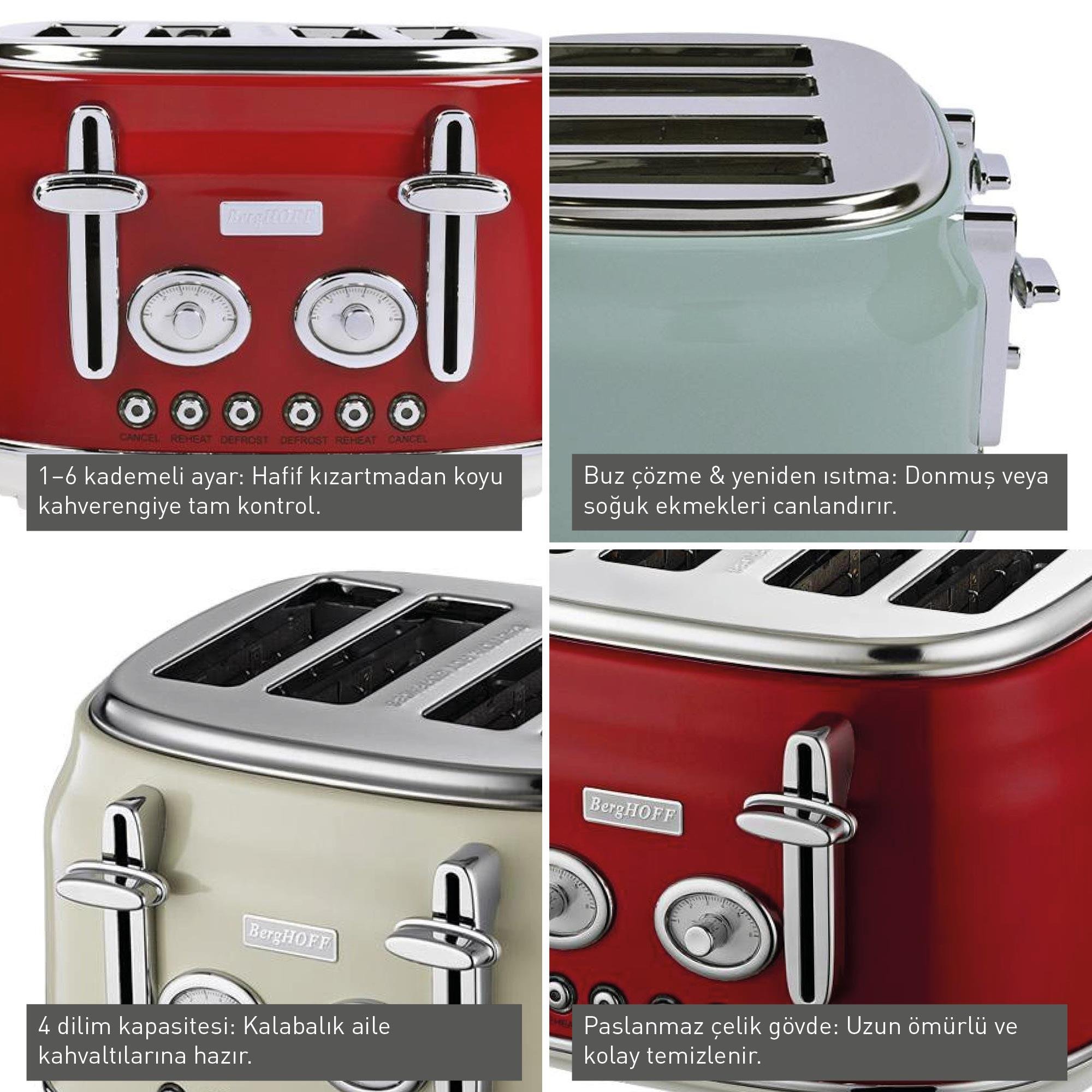 Berghoff Gem Retro Mint Yeşil Dört Dilim Ekmek Kızartma Makinesi