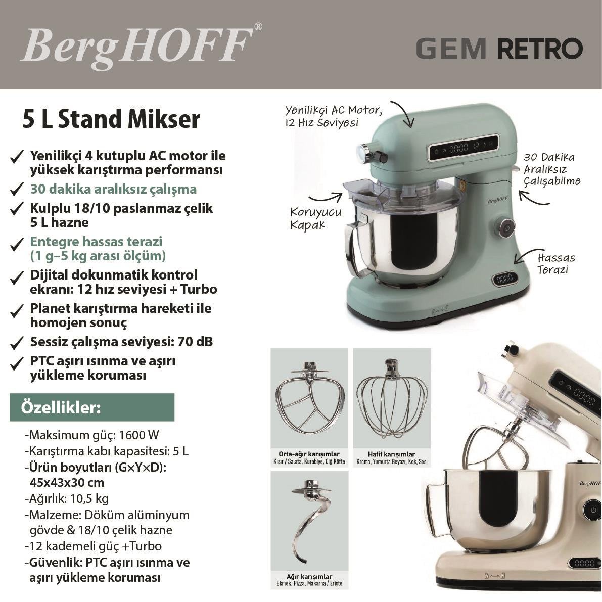 Berghoff Gem Retro Vanilya Krem Rengi Stand Mikser 5 Lt