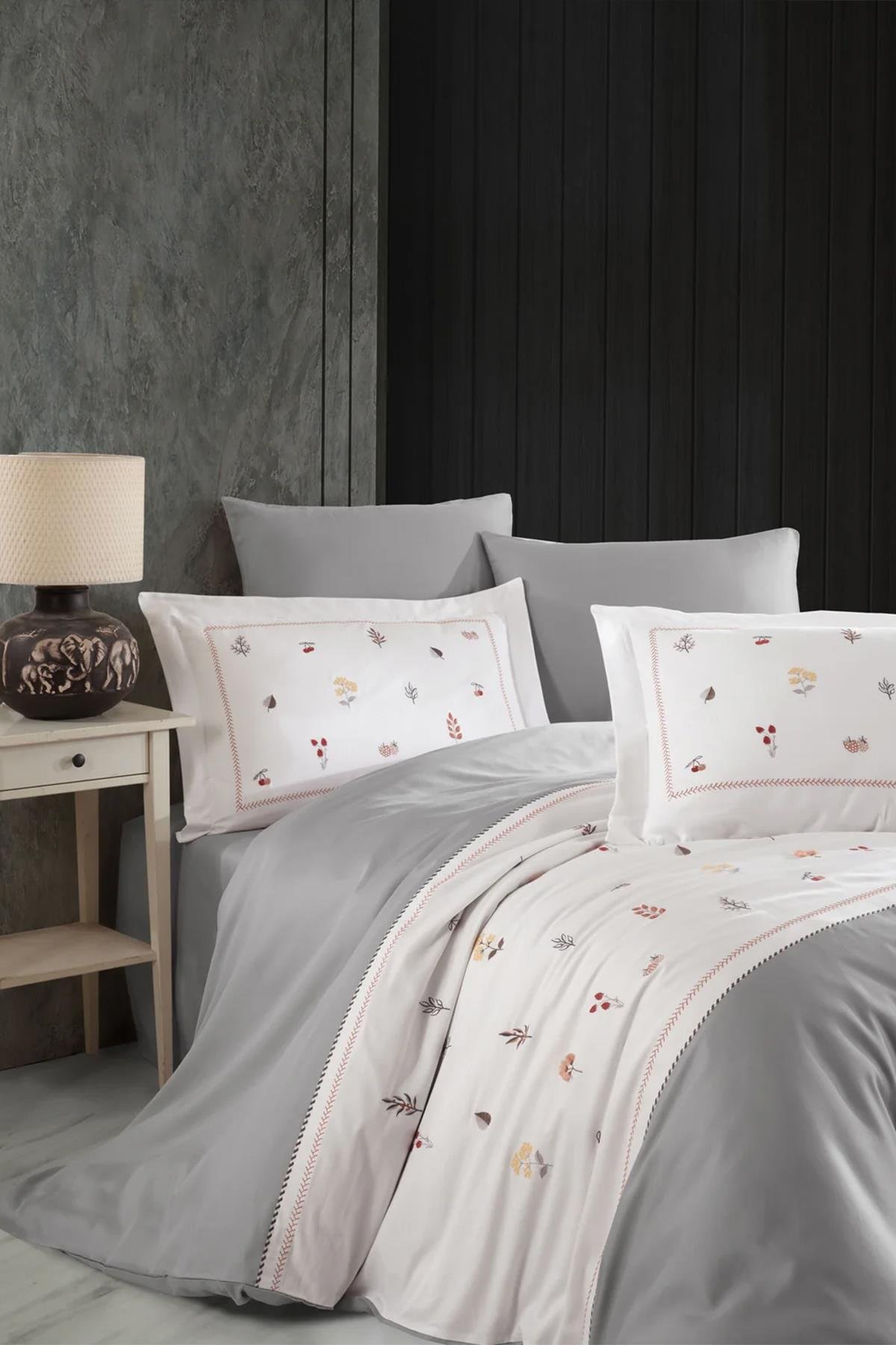 Dantela Benedict Nakışlı Pamuk Saten Nevresim Takımı Gri