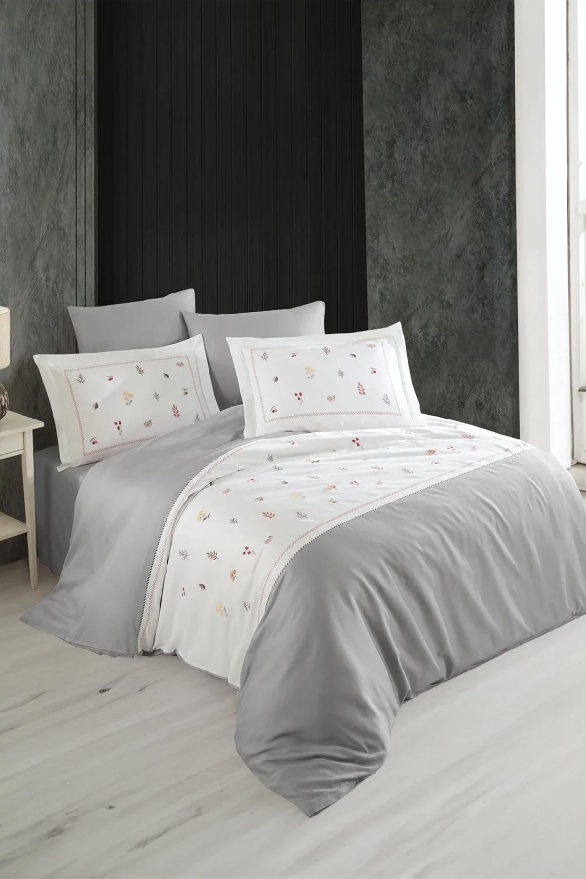 Dantela Benedict Nakışlı Pamuk Saten Nevresim Takımı Gri