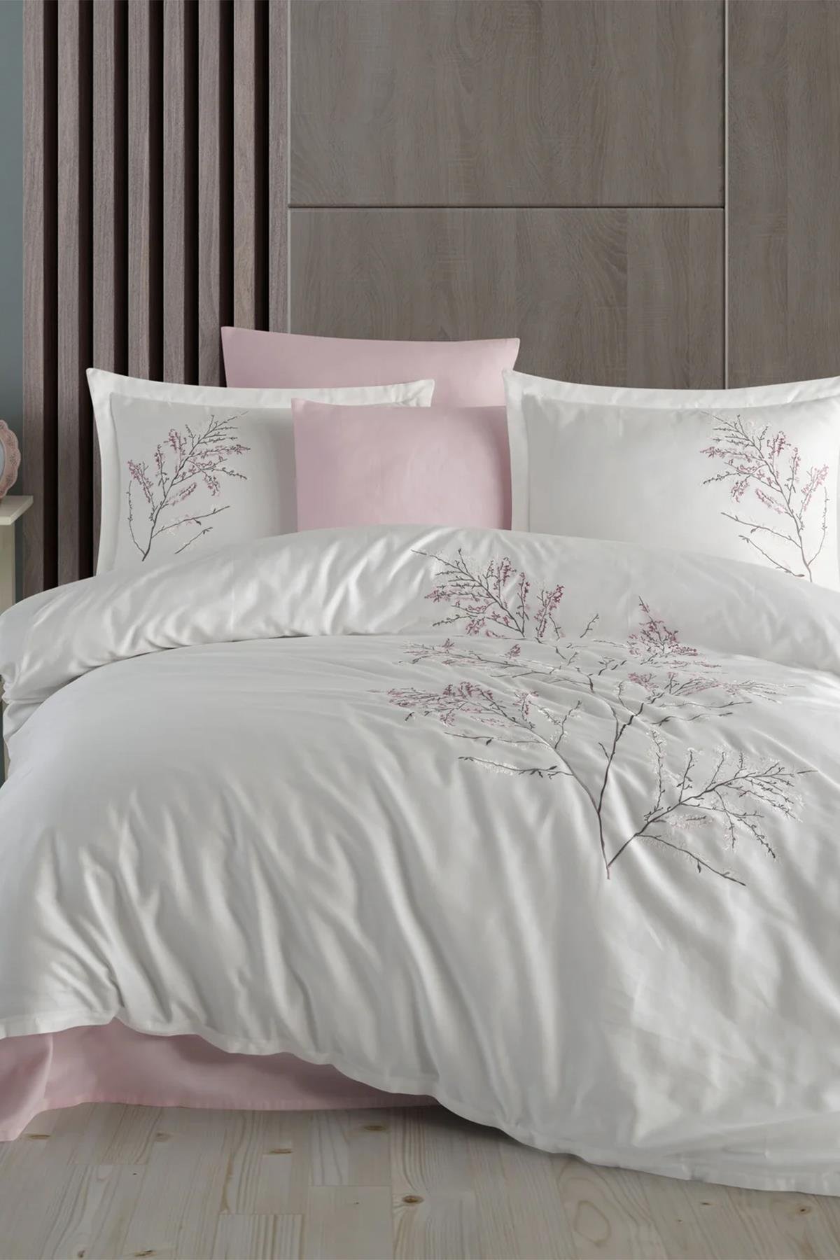 Dantela Blesk Nakışlı Pamuk Saten Nevresim Takımı Krem