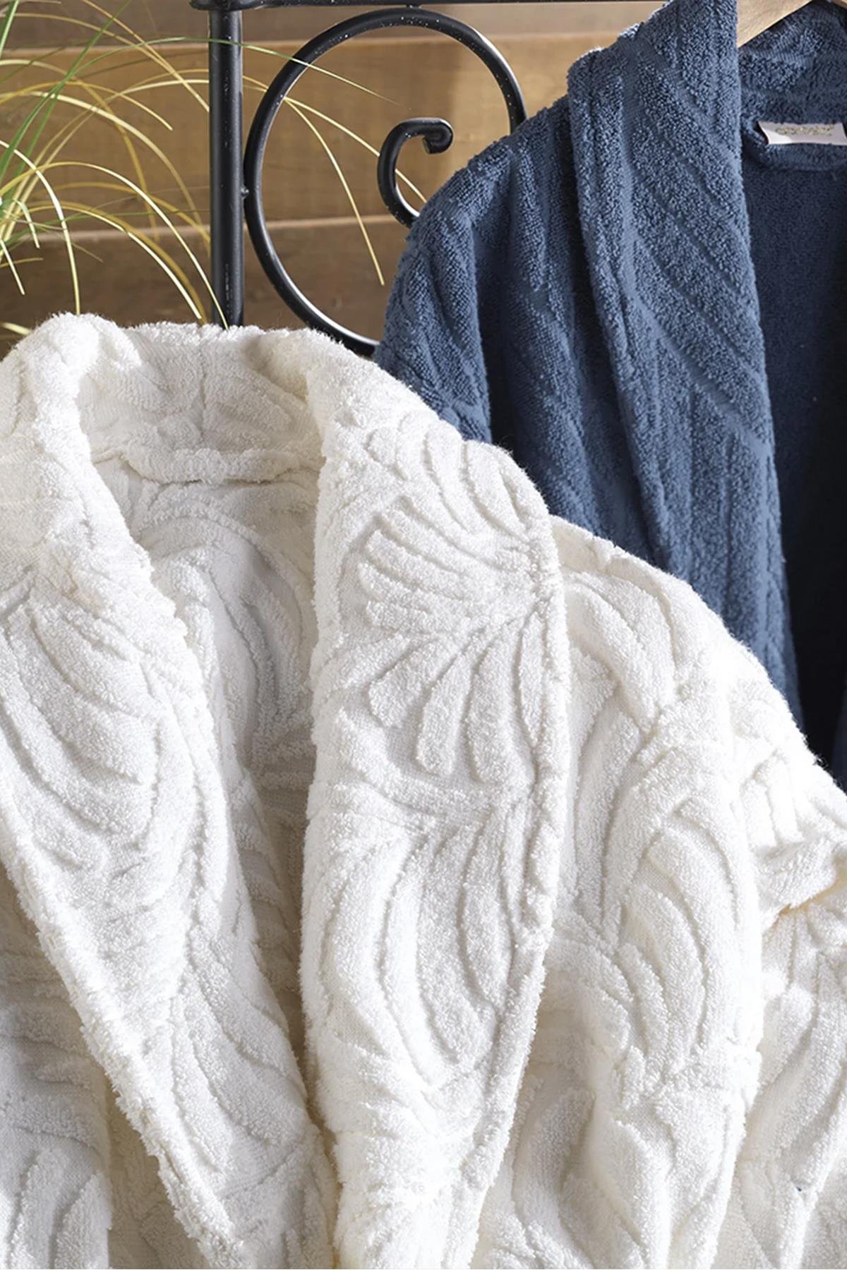 Dantela Melanie 6'lı Jakarlı Pamuk Bornoz Seti Krem-Lacivert