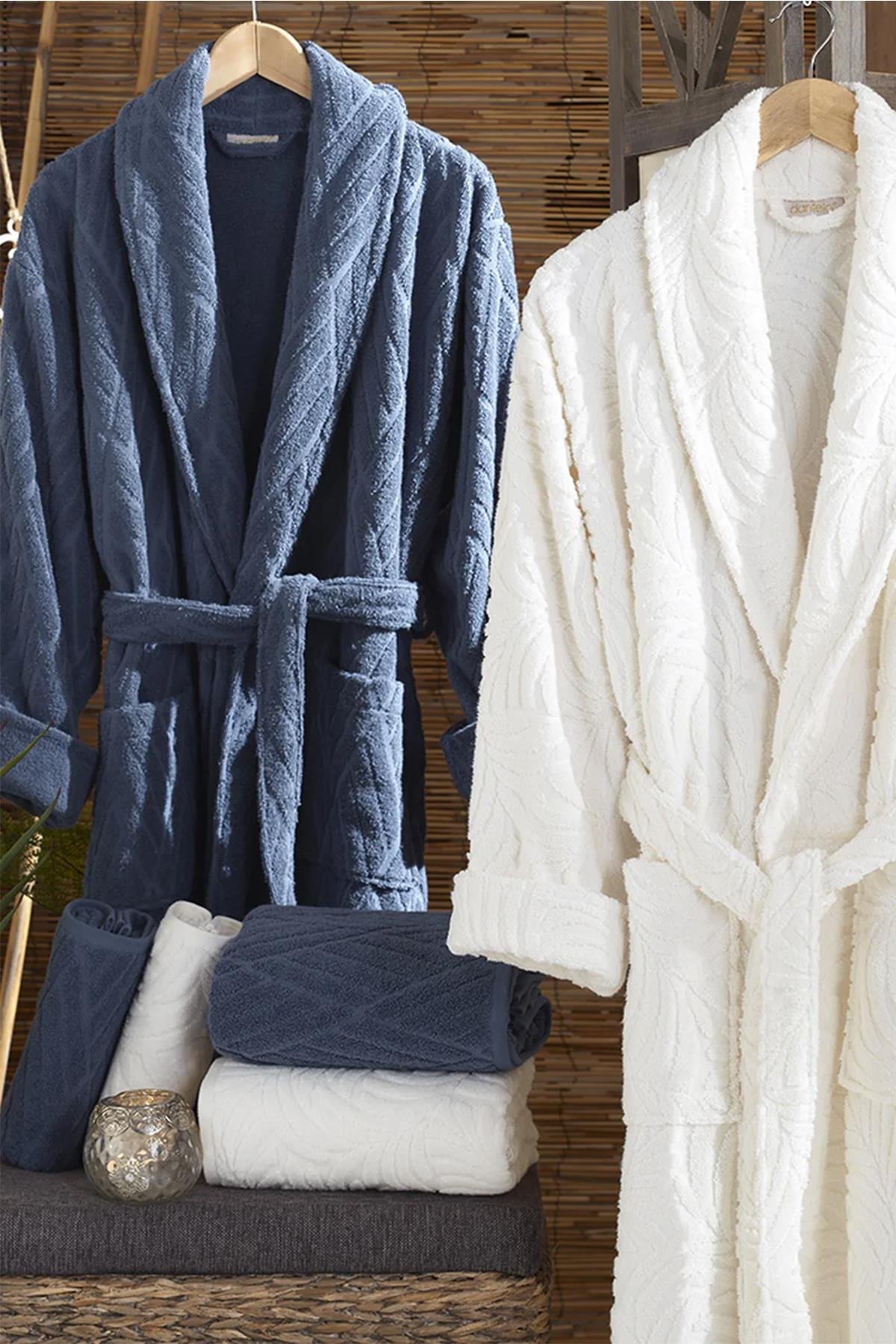 Dantela Melanie 6'lı Jakarlı Pamuk Bornoz Seti Krem-Lacivert