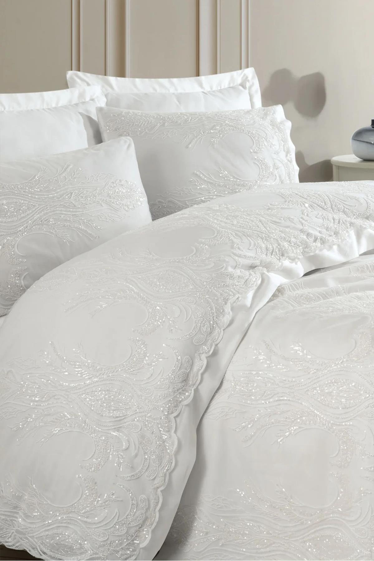 Dantela Mira Bella Gipürlü Pamuk Saten Gelin Seti Krem