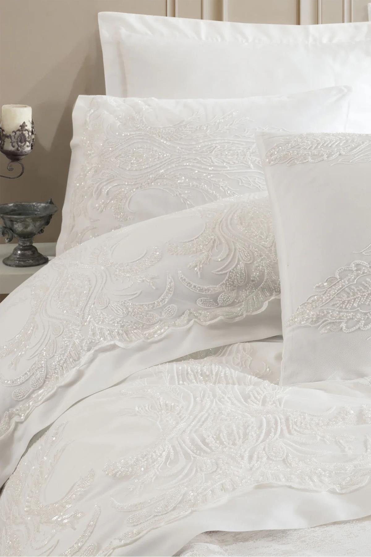 Dantela Mira Bella Gipürlü Pamuk Saten Gelin Seti Krem