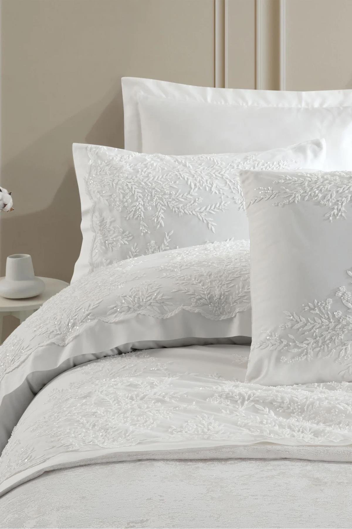 Dantela Serafına Güipürlü Pamuk Saten Gelin Seti Krem