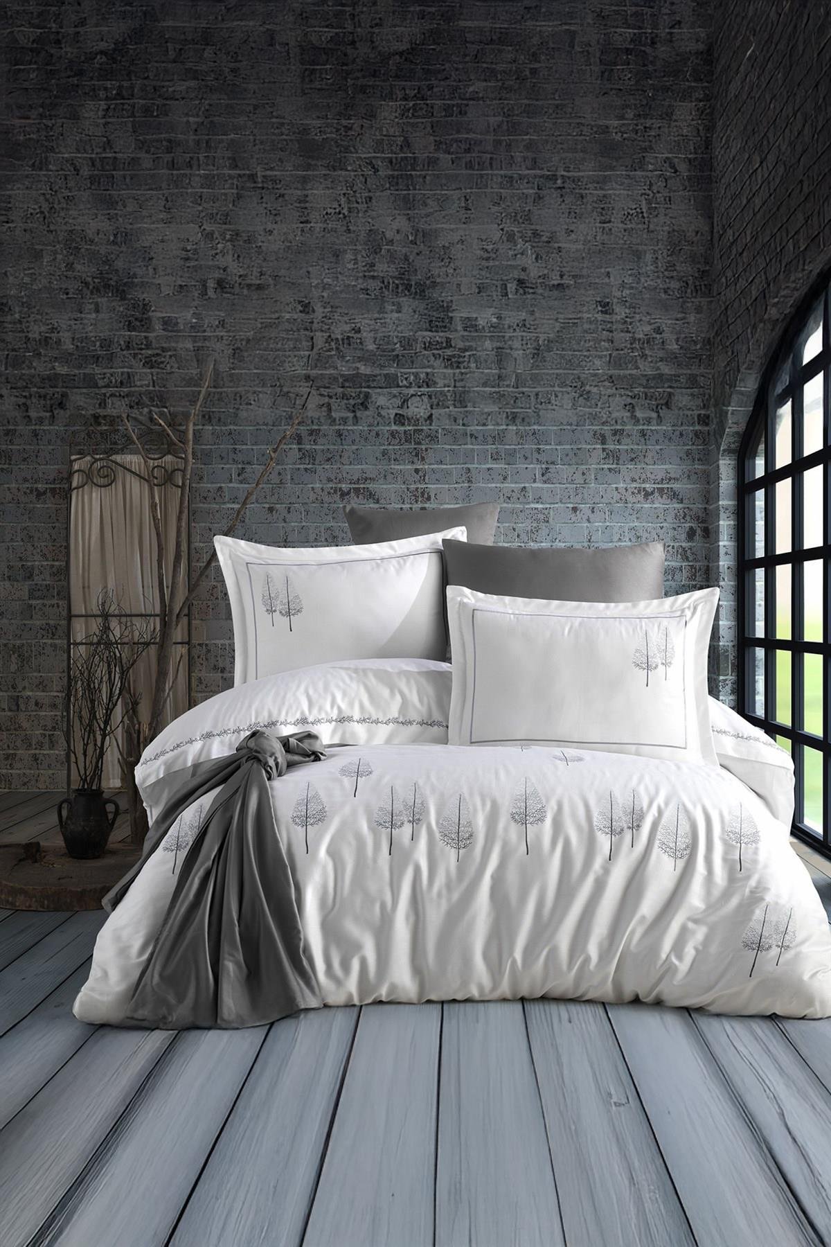 Dantela Vita Pamira Nakışlı Pamuk Saten Nevresim Takımı Beyaz-Antrasit