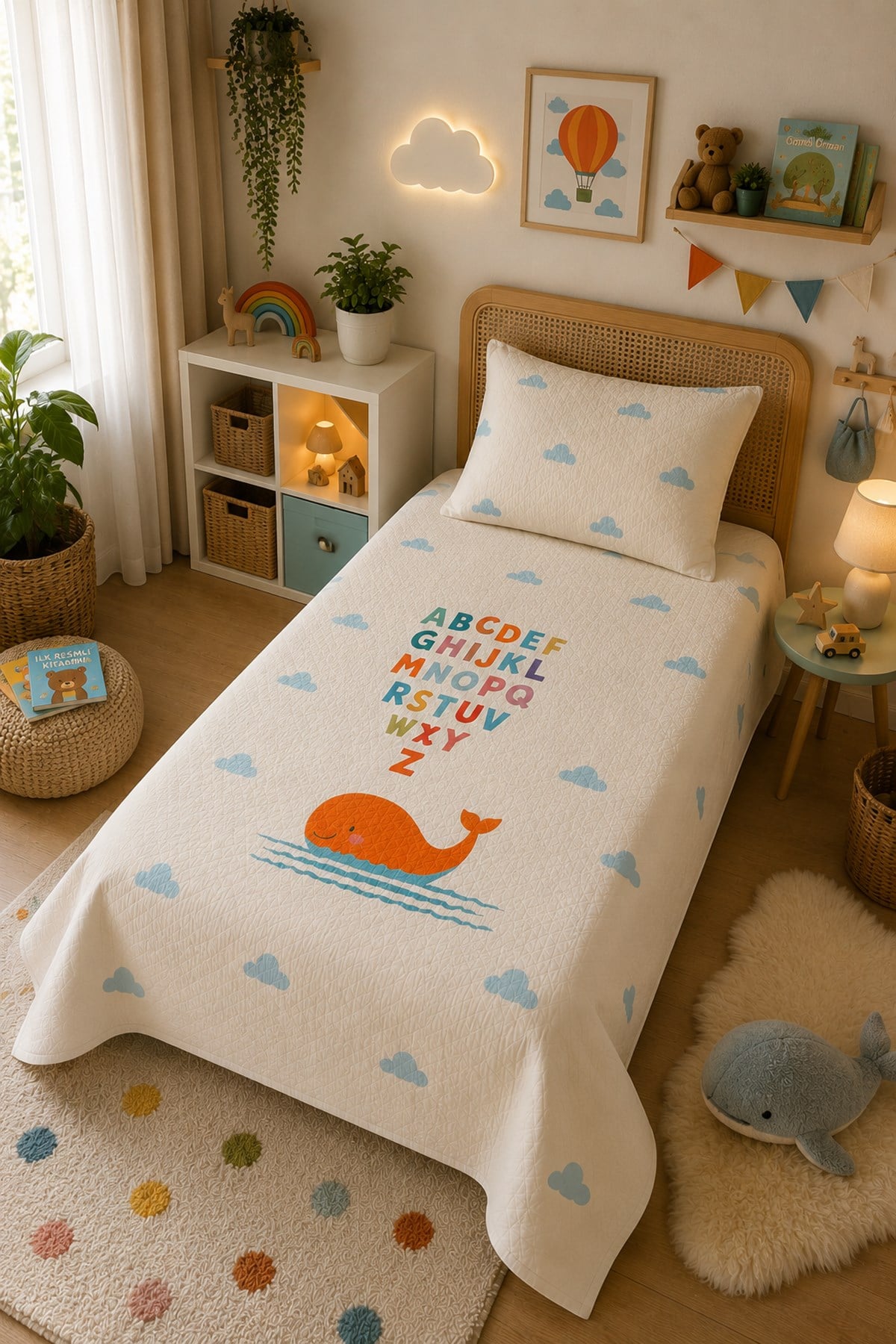 Evdek Bebek ve Çocuk Odası Alpha Whale – Alfabe Tek Kişilik Pike Takımı 160X230 Cm 6ETD12 - 7063376