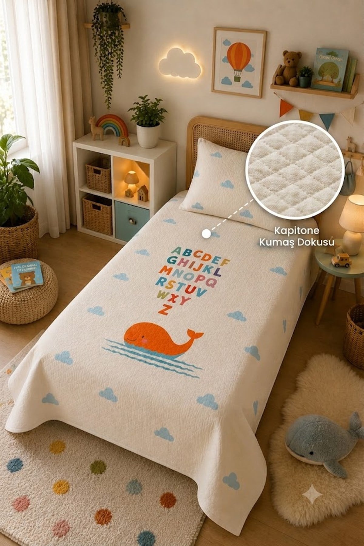 Evdek Bebek ve Çocuk Odası Alpha Whale – Alfabe Tek Kişilik Pike Takımı 160X230 Cm 6ETD12 - 7063376