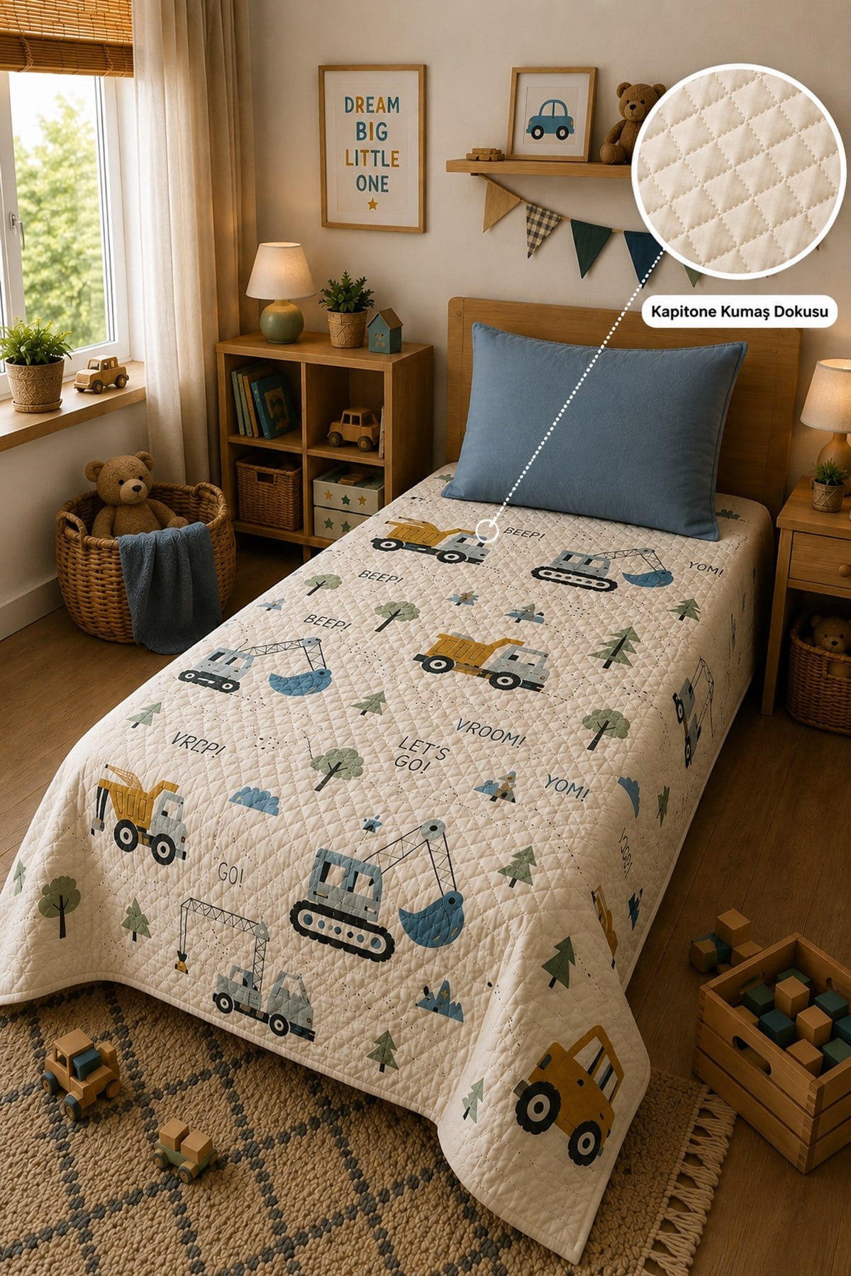 Evdek Bebek ve Çocuk Odası Build Town – İş Makineleri Tek Kişilik Pike Takımı 160X230 Cm 6ETD16 - 7063413