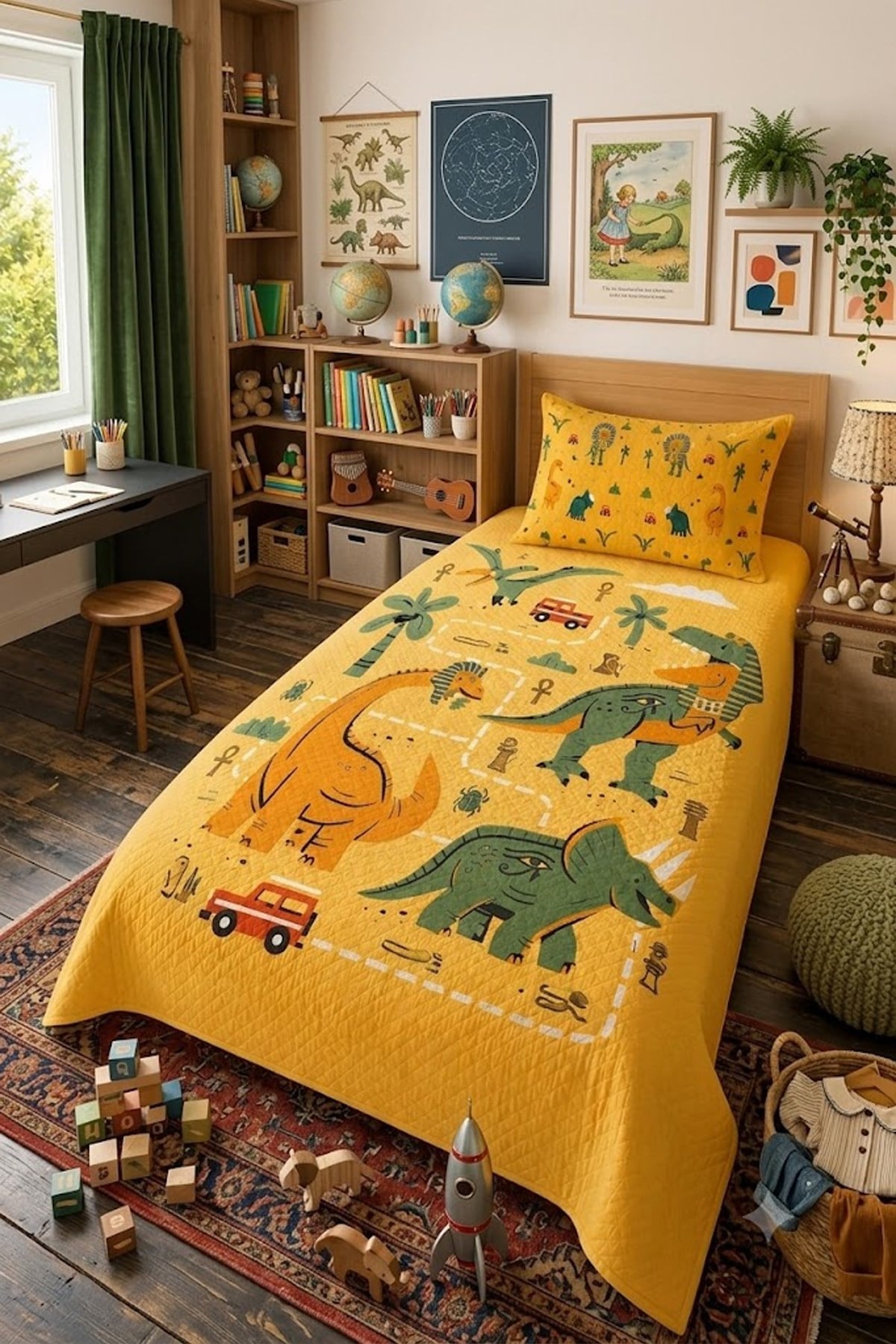 Evdek Bebek ve Çocuk Odası Dino Trail – Dinozor Tek Kişilik Pike Takımı 160X230 Cm 6ETD11 - 7063369