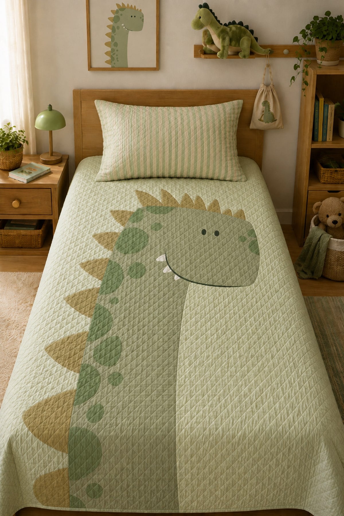 Evdek Bebek ve Çocuk Odası Little Dino - Küçük Dinozor Tek Kişilik Pike Takımı 160X230 Cm 6EAD2 - 7064601
