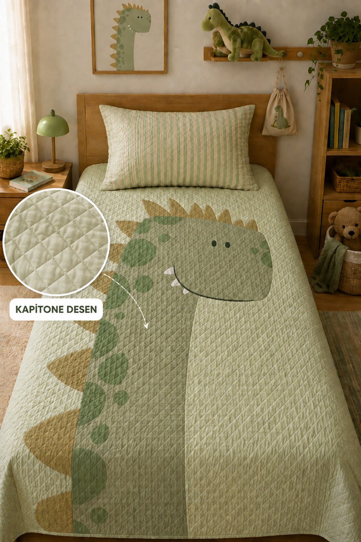 Evdek Bebek ve Çocuk Odası Little Dino - Küçük Dinozor Tek Kişilik Pike Takımı 160X230 Cm 6EAD2 - 7064601