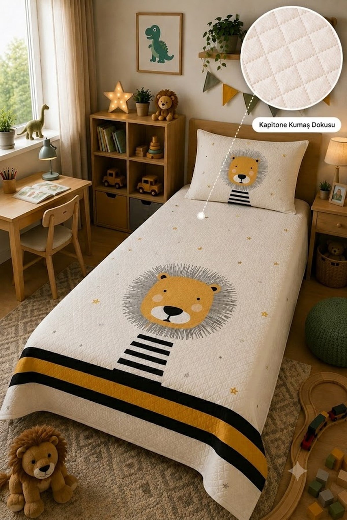 Evdek Bebek ve Çocuk Odası Little Lion – Minik Aslan Tek Kişilik Pike Takımı 160X230 Cm 6ETD8 - 7063338