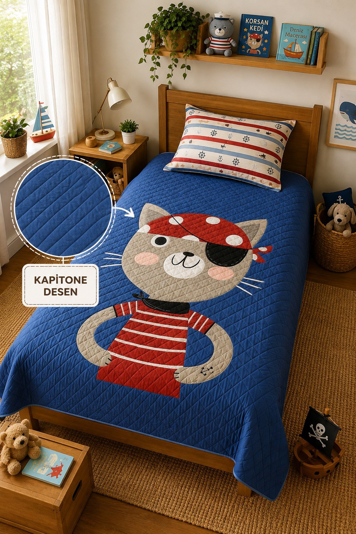 Evdek Bebek ve Çocuk Odası Pirate Cat - Korsan Kedi Tek Kişiliik Pike Takımı 160X230 Cm 6EAD9 - 7064670